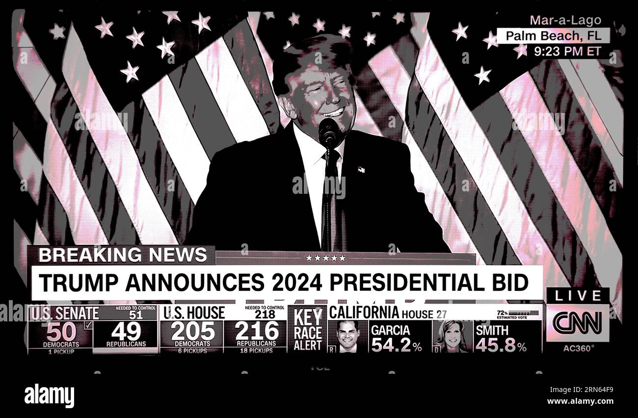 A CNN TV screenshot, colorized digitally,  showing former U.S. President Donald Trump announcing his candidacy for a second term as U.S. President. Stock Photo