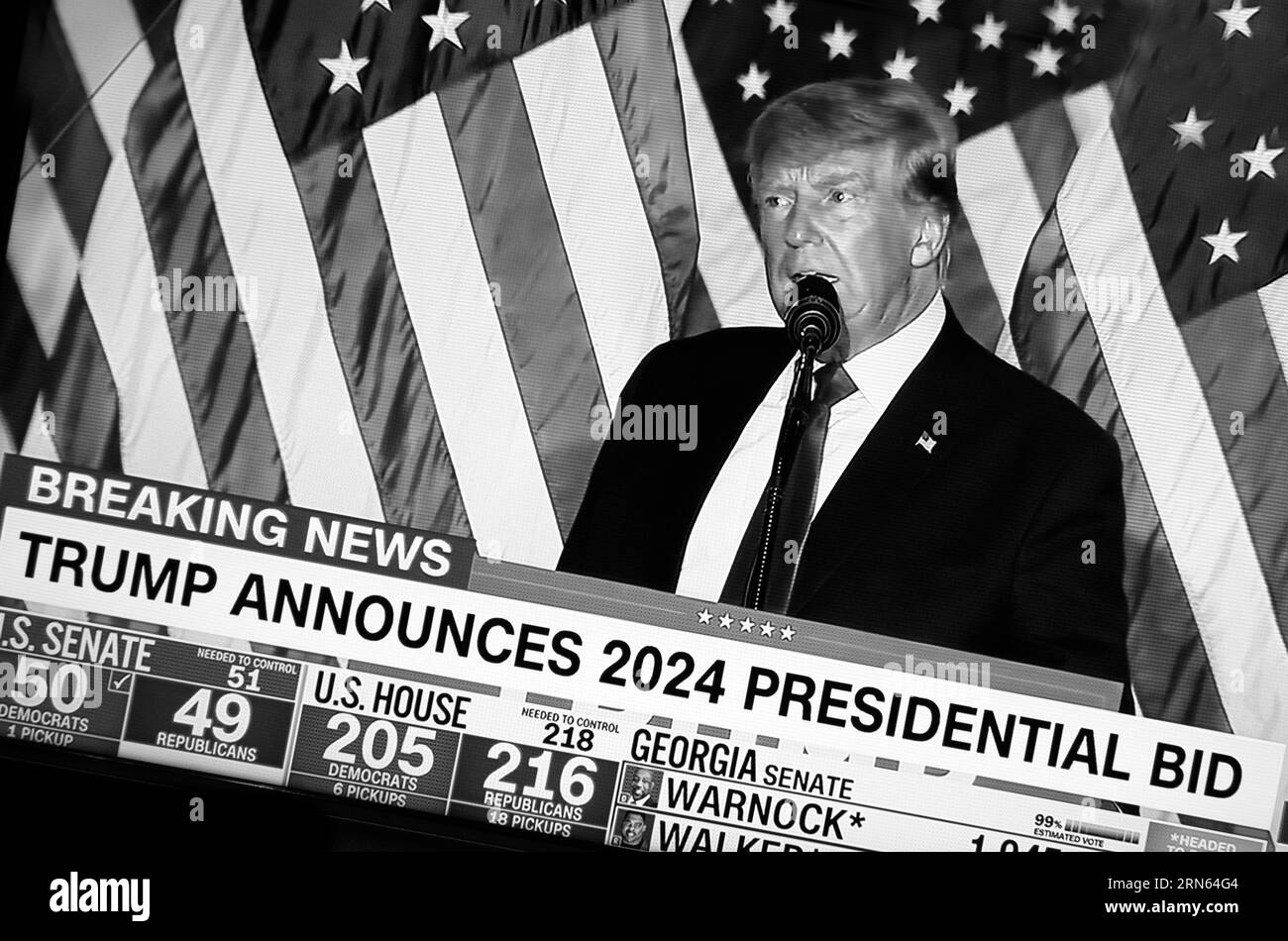 A CNN TV screenshot, colorized digitally,  showing former U.S. President Donald Trump announcing his candidacy for a second term as U.S. President. Stock Photo