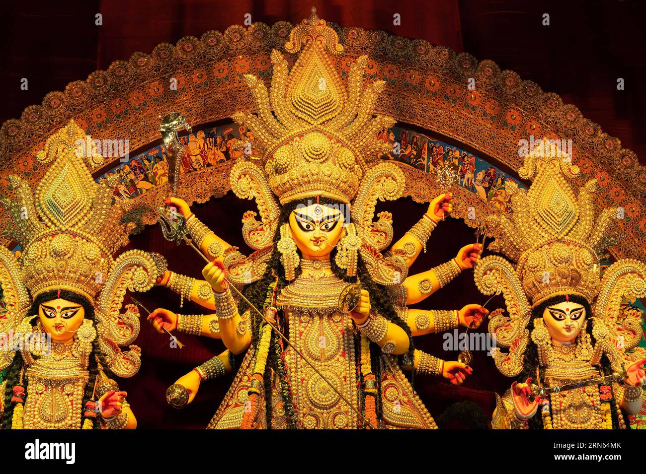 Howrah, West Bengal, India- 3rd October, 2022 : Beautiful idol of Goddess Durga, decorated with ornaments, being worshipped during Durga Puja festival Stock Photo