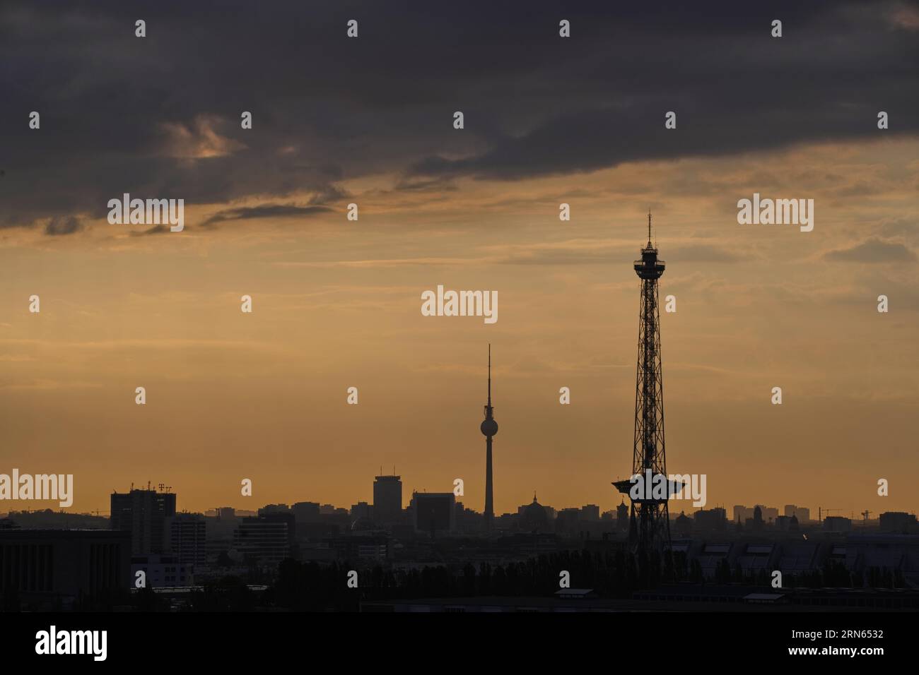 The Radio Tower at the Exhibition Grounds and the TV Tower at Alexanderplatz at sunrise, Berlin, Germany Stock Photo