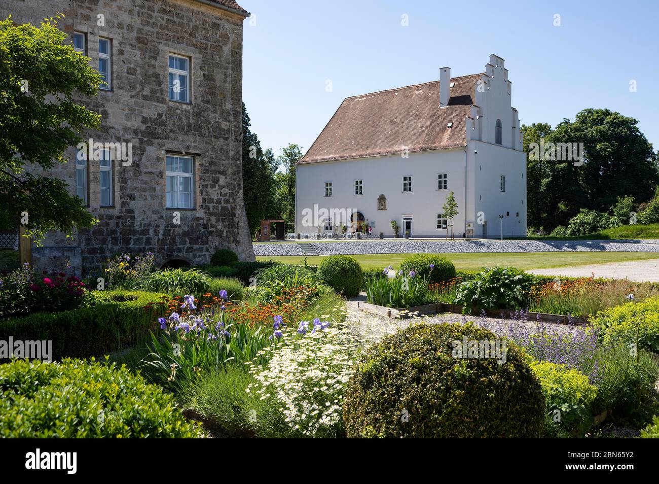 Flower garden in the Obernberg castle area, Obernberg am Inn, Innviertel, Upper Austria, Austria Stock Photo