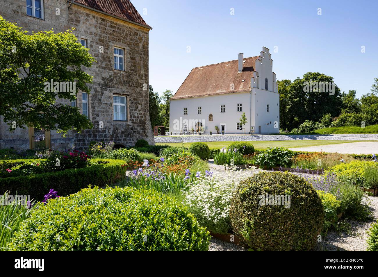 Flower garden in the Obernberg castle area, Obernberg am Inn, Innviertel, Upper Austria, Austria Stock Photo