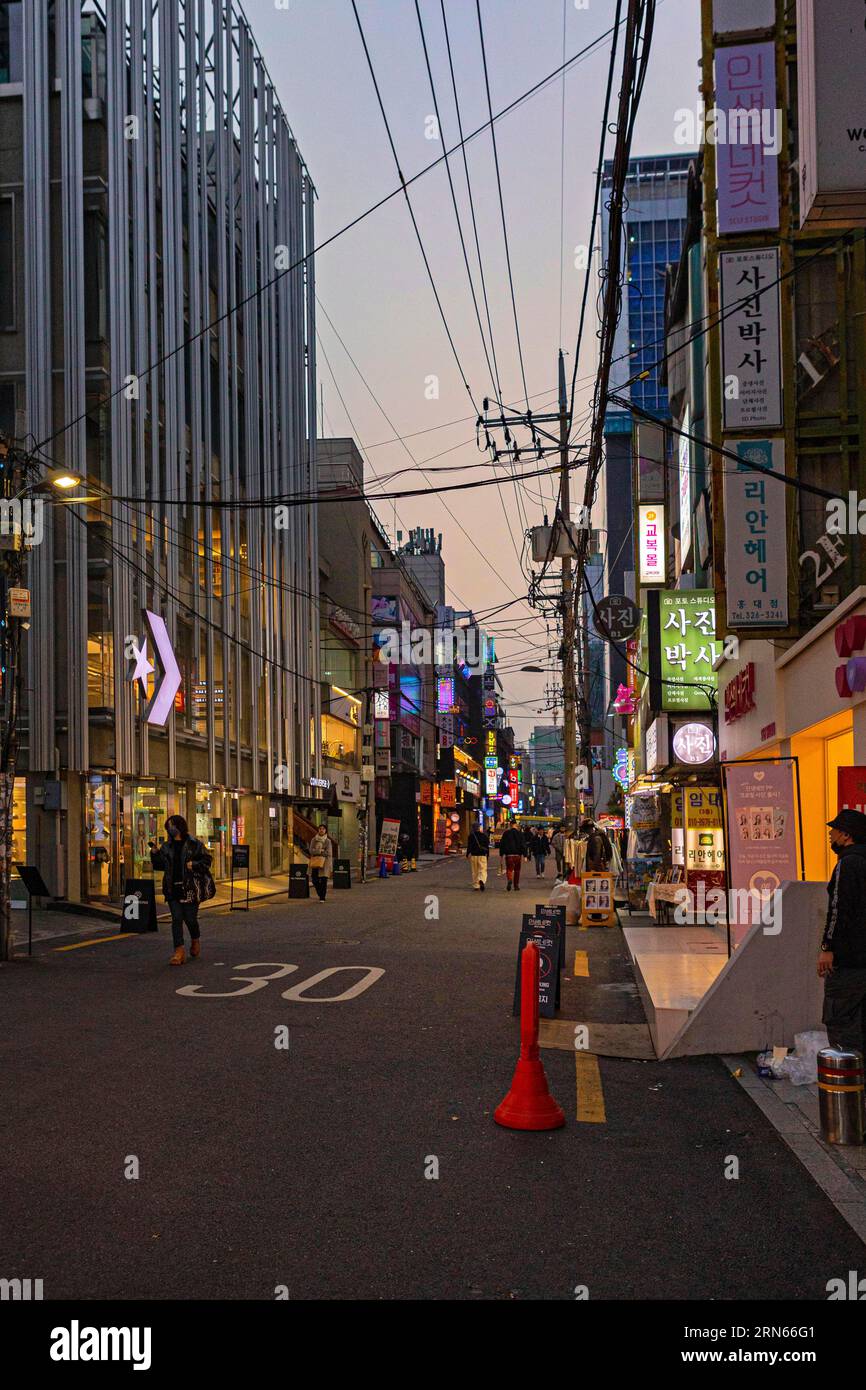 Street with bars, restaurants, shops, evening, neon signs, Hongdae student district, Seoul Stock Photo