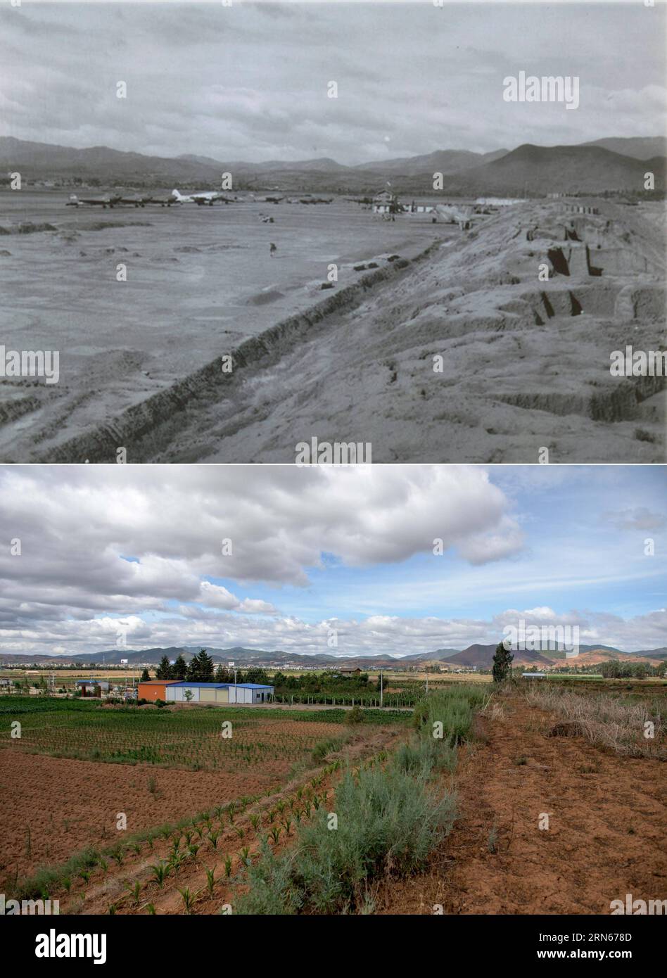 (150714) -- BEIJING , July 14, 2015 -- Combination photo shows the file photo (upper) of the Yunnanyi Airport during the anti-Japanese war period (1937-1945) in southwest China s Yunnan Province and photo (lower) of the same place taken on June 29, 2015. After Japanese forces occupied the western part of the Nujiang River in 1942, Yunnanyi became increasingly important as a strategic military airport for the Allies on the frontline, as it was the intersection of the Ancient Tea Road, the Burma Road and the Hump Course. Seventy years after the Chinese People s War of Resistance against Japanese Stock Photo