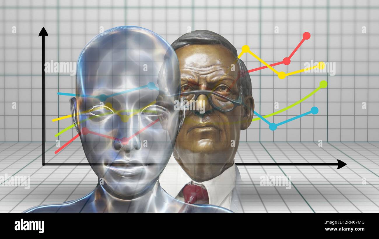 Symbolic image, future, turn of the times, old banker, stockbroker, AI, AI artificial intelligence, stock market prices, rising prices, rising stock Stock Photo