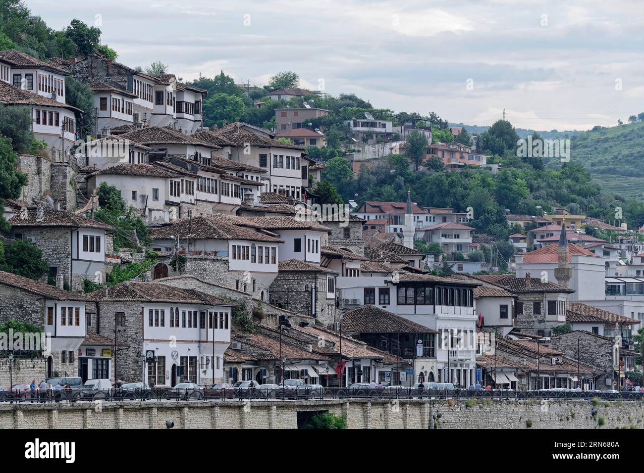The White Houses in the Mangalem district in the southern Albanian city of Berat are a UNESCO World Heritage Site. Berat, Albania, Southeast Europe Stock Photo