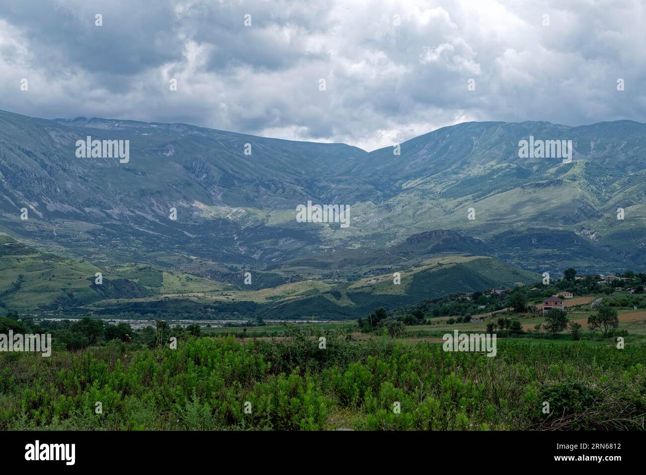 The Aoos valley in front of the mountain landscape in Qesarat, southern ...