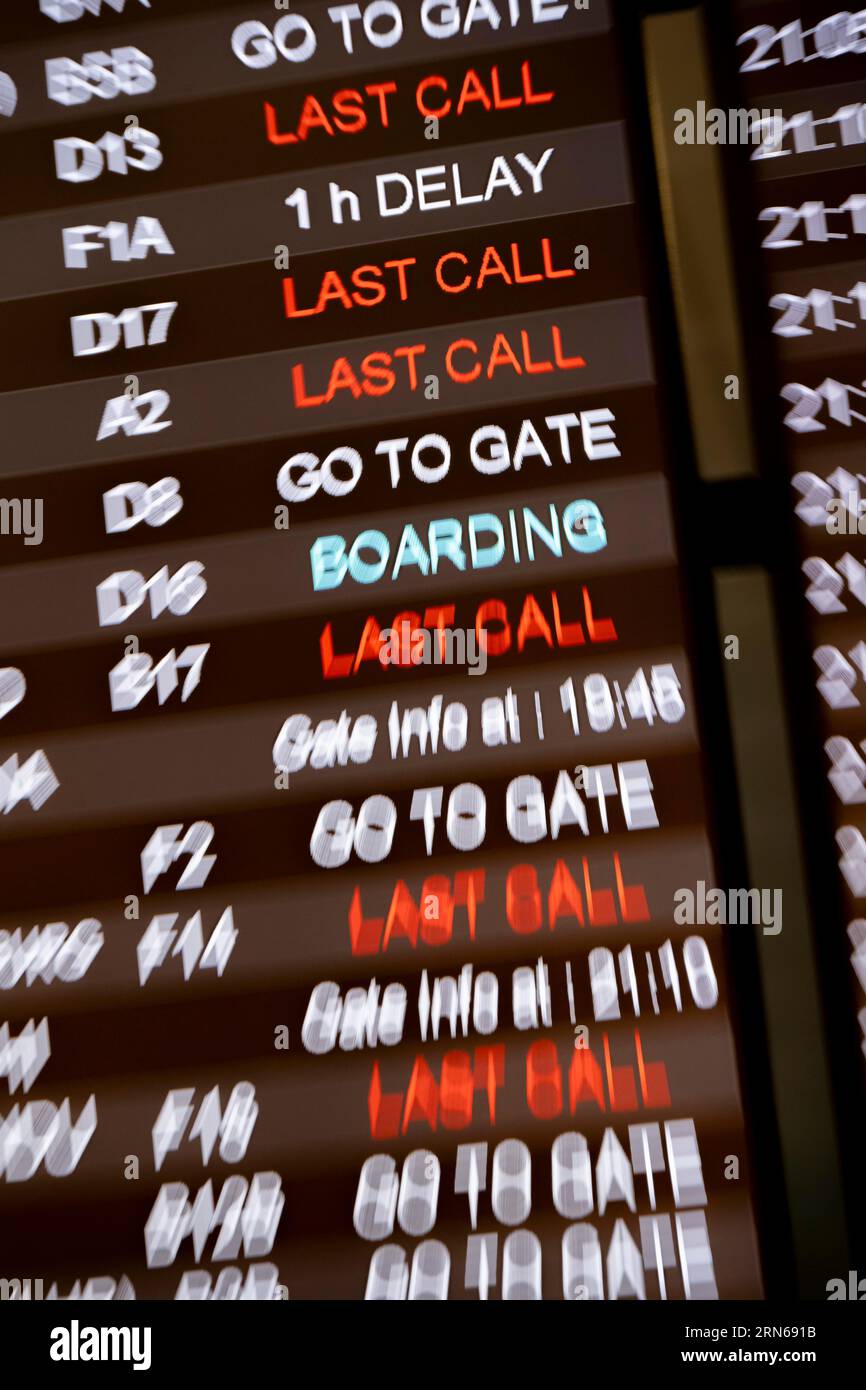 Last call, check-in, departure board with departure schedule in different languages, gates at Istanbul Airport, Istanbul, Turkey Stock Photo