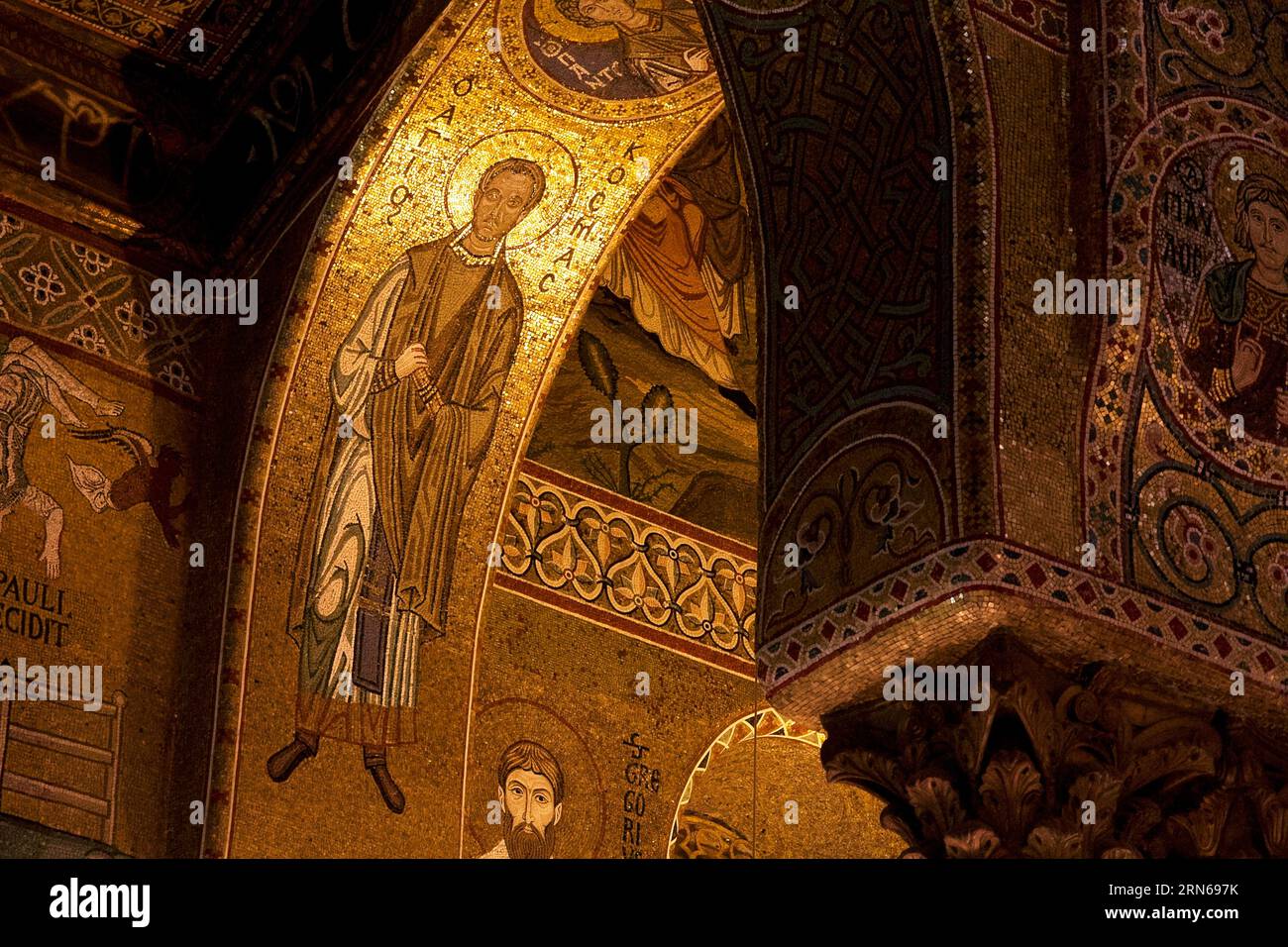 Part of the ceiling vault, image of saints, Palatina Chapel, Cappella Palatina, Byzantine gold-ground mosaics, Palermo, capital, Sicily, Italy Stock Photo