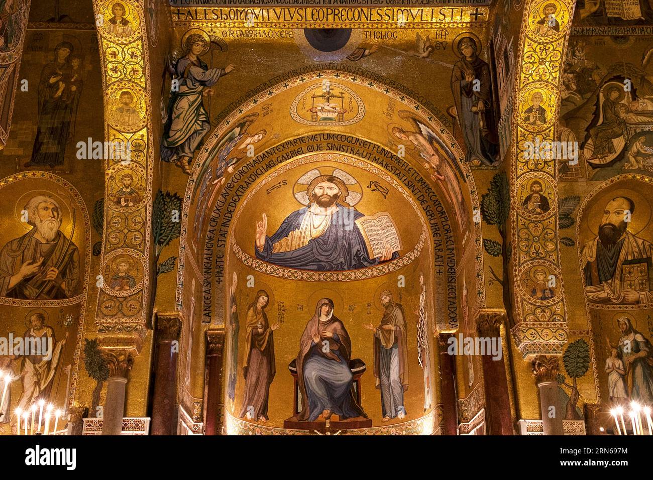 Christ Pantocrator mosaic, depictions of saints, Palatina Chapel, Cappella Palatina, Byzantine gold-ground mosaics, Palermo, capital, Sicily, Italy Stock Photo