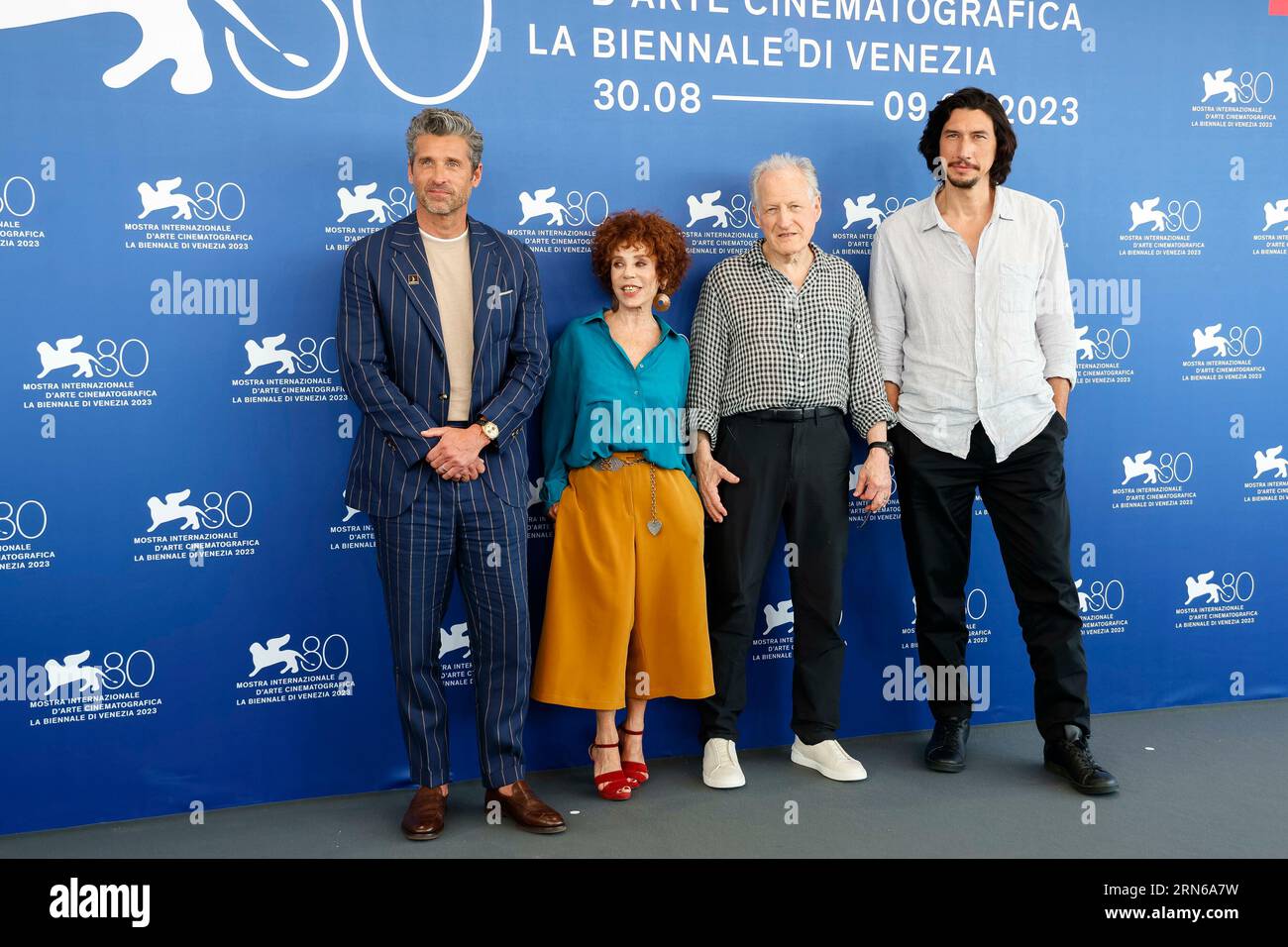 Venice, Italy, on 31 August 2023. Patrick Dempsey, Daniela Piperno, Michael Mann and Adam Driver pose at the photocall of 'Ferrari' during the 80th Venice International Film Festival at Palazzo del Casino on the Lido in Venice, Italy, on 31 August 2023. Stock Photo