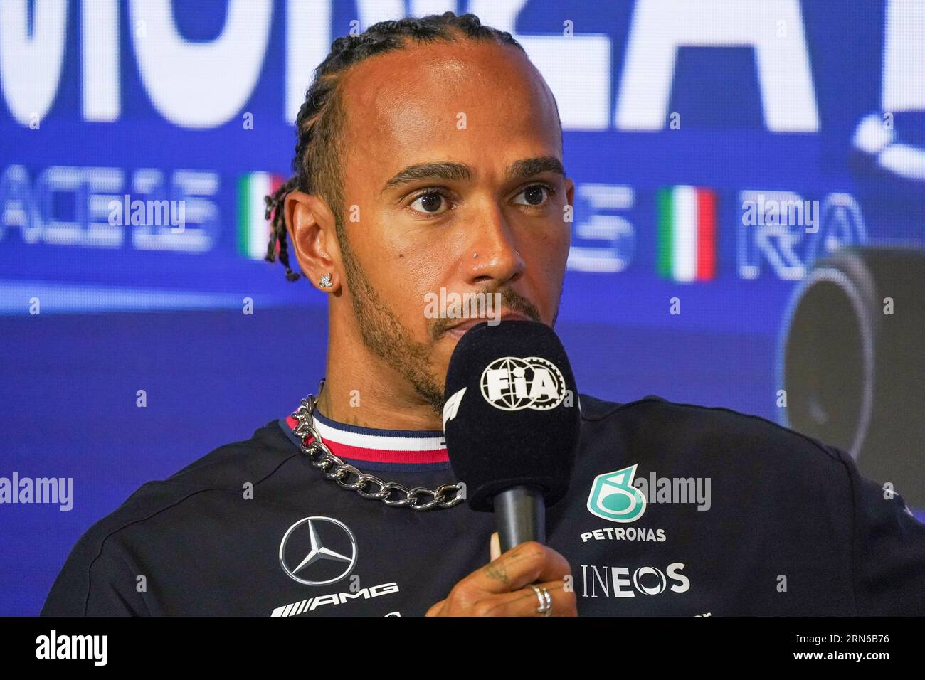 Lewis Hamilton of United Kingdom driving the (44) Mercedes-AMG PETRONAS F1 Team W14 during the drivers press conference at the Formula 1 Pirelli Italian Grand Prix 2023 on August 31st, 2023 in