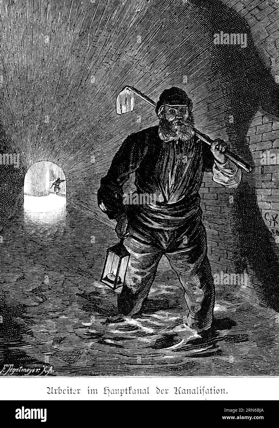 Worker in the main sewer, Berlin, lantern, light, hoe, tunnel, darkness, underground, stone walls, Germany, historical illustration around 1898 Stock Photo