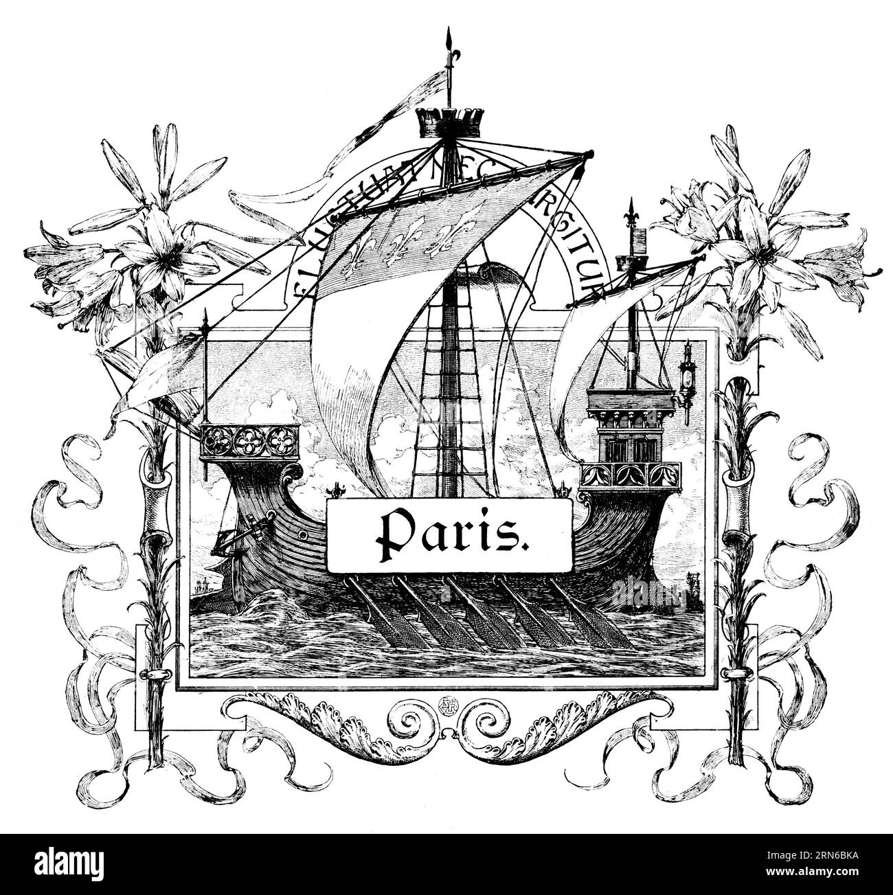 Emblem, symbol image, Paris, galley, inscription, oars, flowers, ornamentation, France, historical illustration circa 1898 Stock Photo