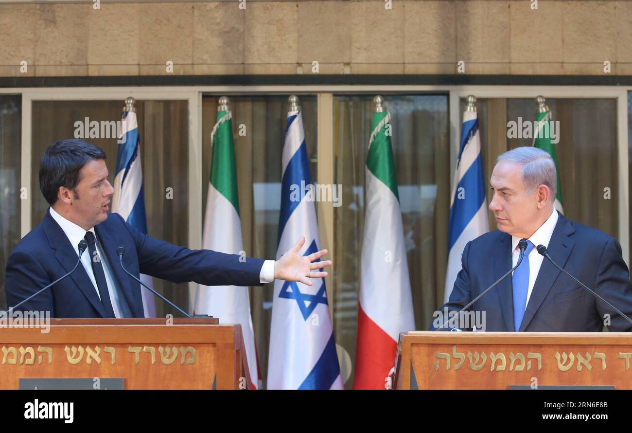 (150722) -- JERUSALEM, July 21, 2015 -- Italian Prime Minister Matteo Renzi (L) addresses a joint press conference with his Israeli counterpart Benjamin Netanyahu at Israeli Prime Minister s residence in Jerusalem, on July 21, 2015. Israeli Prime Minister Benjamin Netanyahu met Tuesday in Jerusalem with his Italian counterpart Matteo Renzi, continuing his criticism on the nuclear deal between the world powers and Tehran. Speaking at a joint press conference, Netanyahu said the deal with Iran poses serious risks to Israel, the Middle East, Europe and the entire world. /POOL/Marc Israel Sellem) Stock Photo