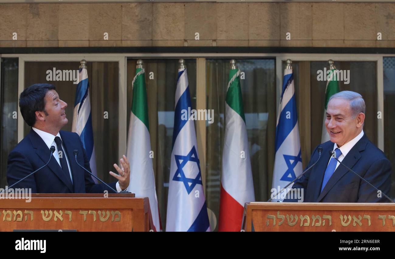 (150722) -- JERUSALEM, July 21, 2015 -- Italian Prime Minister Matteo Renzi (L) addresses a joint press conference with his Israeli counterpart Benjamin Netanyahu at Israeli Prime Minister s residence in Jerusalem, on July 21, 2015. Israeli Prime Minister Benjamin Netanyahu met Tuesday in Jerusalem with his Italian counterpart Matteo Renzi, continuing his criticism on the nuclear deal between the world powers and Tehran. Speaking at a joint press conference, Netanyahu said the deal with Iran poses serious risks to Israel, the Middle East, Europe and the entire world. /POOL/Marc Israel Sellem) Stock Photo