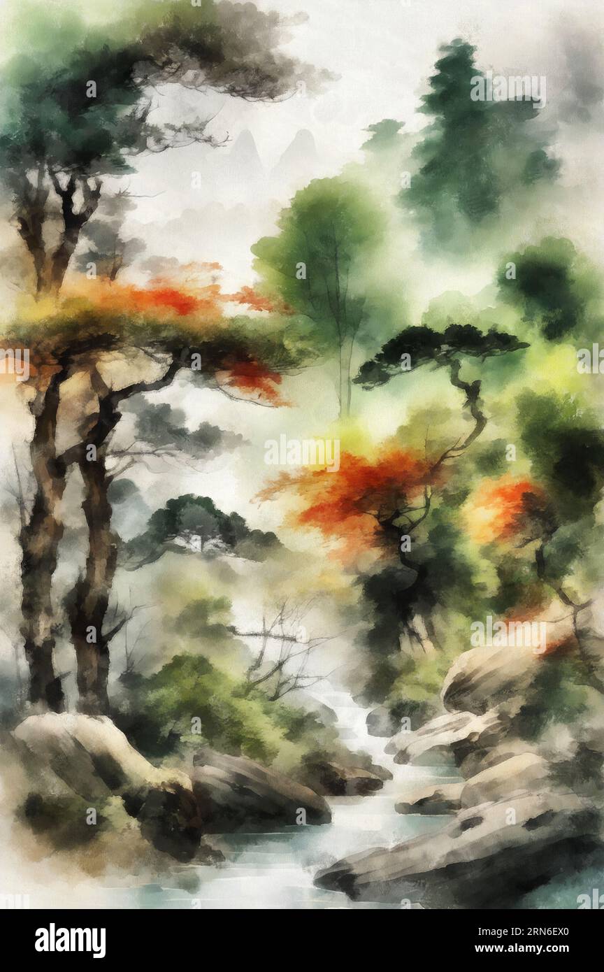 Mountains in Japanese painting style. Traditional Beautiful watercolor hand  drawn illustration Stock Photo - Alamy