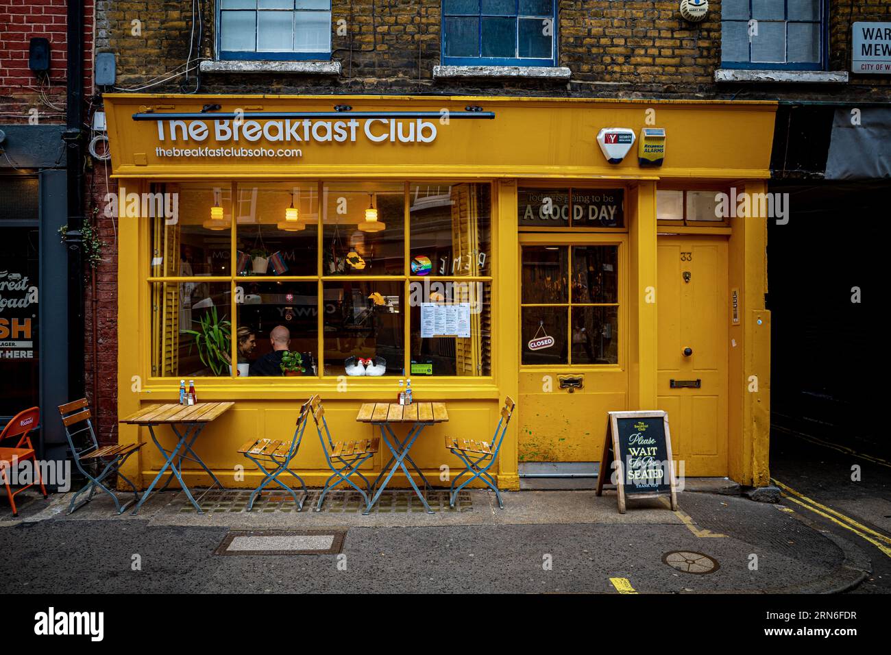The Breakfast Club Soho London - the Breakfast Club restaurant 33 D'Arblay St, Soho, London. The Breakfast Club was founded in 2005 at this location. Stock Photo