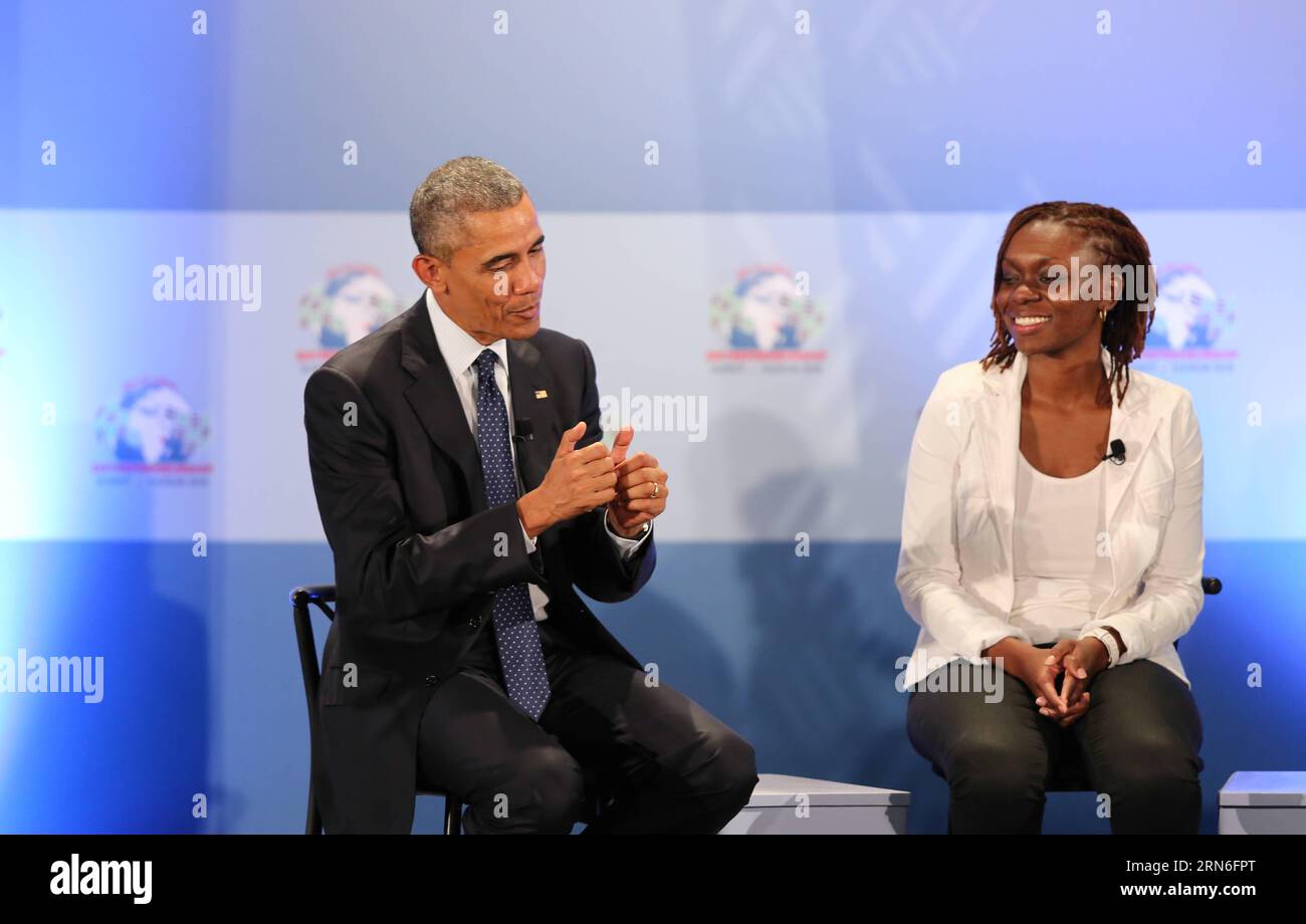 (150725) -- NAIROBI, July 25, 2015, -- U.S. President Barack Obama (L) gestures on the Opening Plenary of the Global Entrepreneurship Summit in Nairobi, Kenya, on July 25, 2015. U.S. President Barack Obama attended the summit on Saturday and hailed Africa s enormous potential. Kenya is the first country in Sub-Saharan Africa to host the summit. ) (dzl) KENYA-NAIROBI-U.S.-GES SUMMIT PanxSiwei PUBLICATIONxNOTxINxCHN   150725 Nairobi July 25 2015 U S President Barack Obama l gestures ON The Opening Plenary of The Global Entrepreneurship Summit in Nairobi Kenya ON July 25 2015 U S President Barack Stock Photo