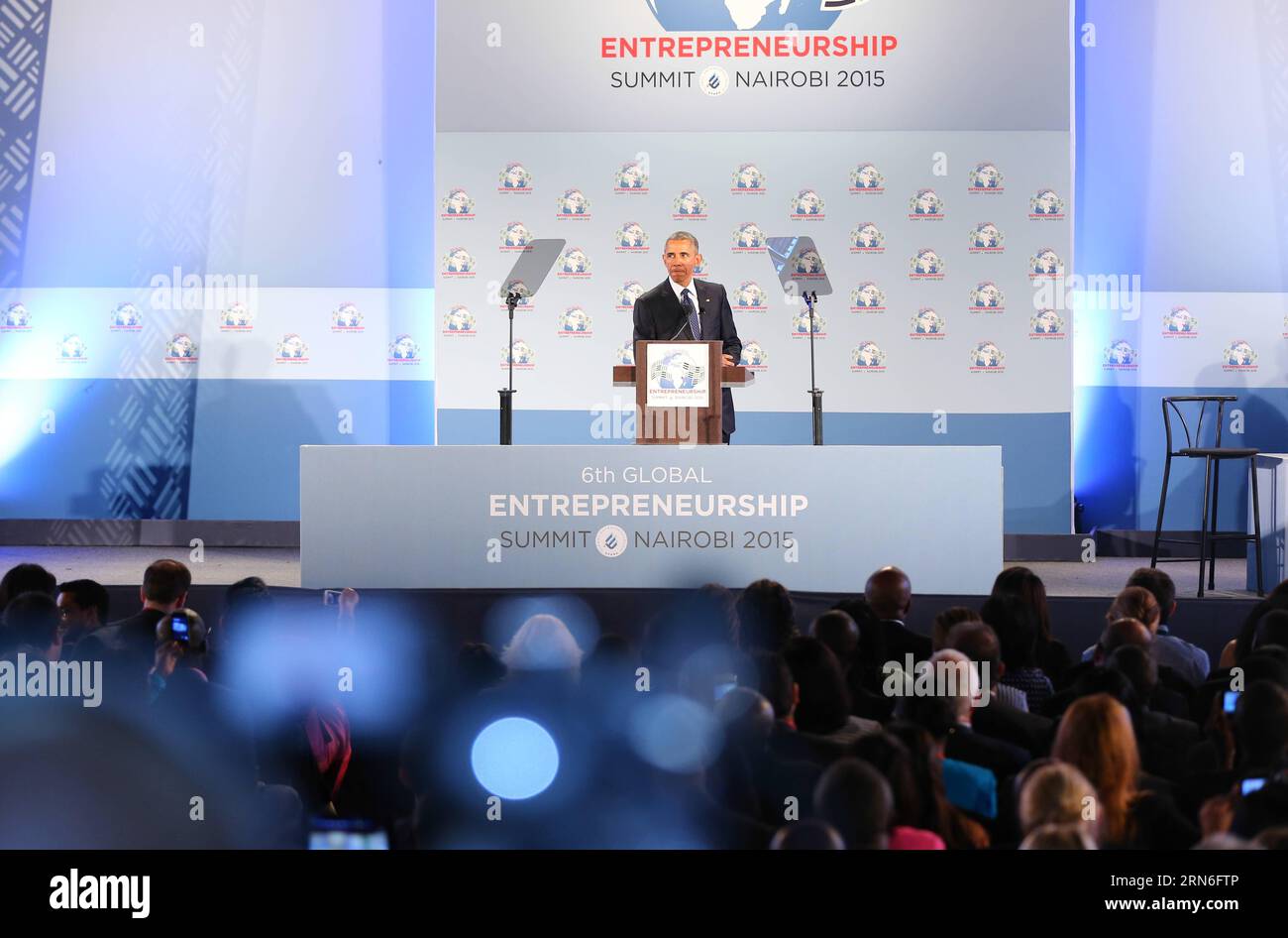 (150725) -- NAIROBI, July 25, 2015, -- U.S. President Barack Obama delivers a speech on the Opening Plenary of the Global Entrepreneurship Summit in Nairobi, Kenya, on July 25, 2015. U.S. President Barack Obama attended the summit on Saturday and hailed Africa s enormous potential. Kenya is the first country in Sub-Saharan Africa to host the summit. ) (dzl) KENYA-NAIROBI-U.S.-GES SUMMIT PanxSiwei PUBLICATIONxNOTxINxCHN   150725 Nairobi July 25 2015 U S President Barack Obama delivers a Speech ON The Opening Plenary of The Global Entrepreneurship Summit in Nairobi Kenya ON July 25 2015 U S Pres Stock Photo