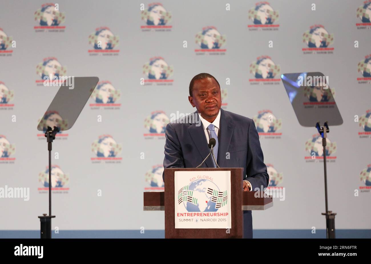 (150725) -- NAIROBI, July 25, 2015, -- Kenyan president Uhuru Kenyatta delivers a speech on the Opening Plenary of the Global Entrepreneurship Summit in Nairobi, Kenya, on July 25, 2015. U.S. President Barack Obama on Saturday attended the Global Entrepreneurship Summit (GES) in Nairobi and hailed Africa s enormous potential. Kenya is the first country in Sub-Saharan Africa to host the summit. ) (dzl) KENYA-NAIROBI-U.S.-GES SUMMIT PanxSiwei PUBLICATIONxNOTxINxCHN   150725 Nairobi July 25 2015 Kenyan President Uhuru Kenyatta delivers a Speech ON The Opening Plenary of The Global Entrepreneurshi Stock Photo