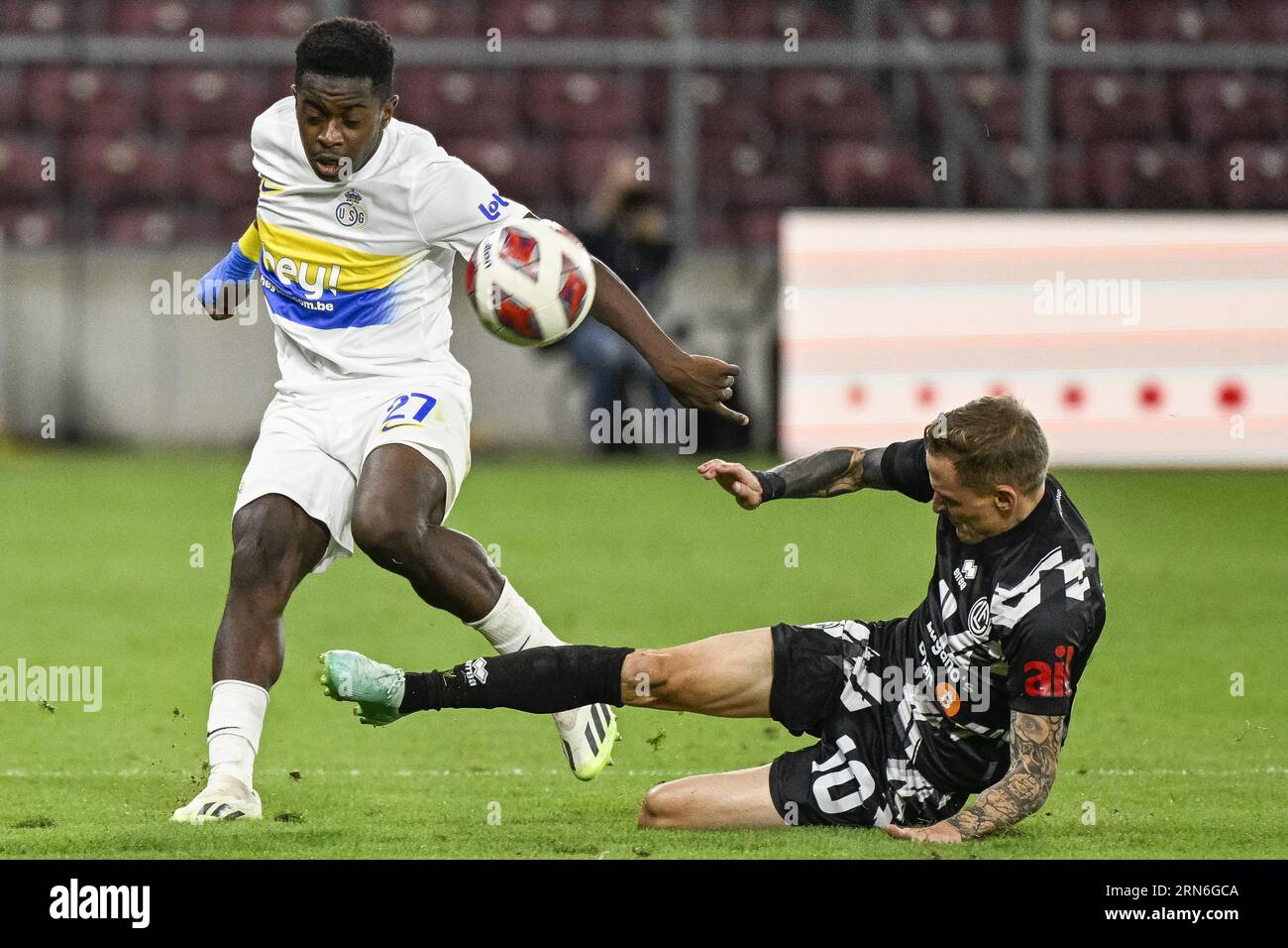 Brussels, Belgium. 24th Aug, 2023. Lugano's Allan Arigoni and Lugano's  Mattia Bottani pictured during a soccer game between Belgian Royale Union  Saint Gilloise and Swiss FC Lugano, Thursday 24 August 2023 in