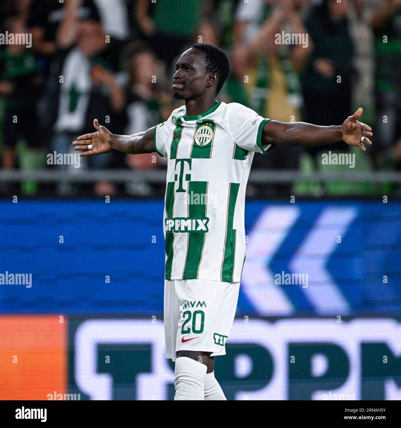 Budapest, Hungary. 31st August, 2023. Adama Traore of Ferencvarosi TC  controls the ball during the UEFA Europa Conference League Play Off Round  Second Leg match between Ferencvarosi TC and FK Zalgiris Vilnius