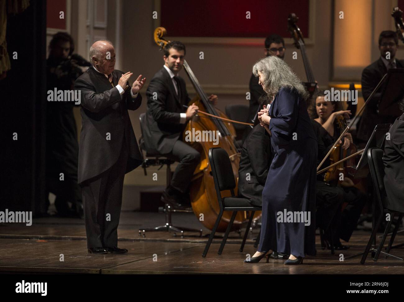 BUENOS AIRES, July 29, 2015 -- Argentinean pianist Martha Argerich R responds to the applause from Daniel Barenboim L, Argentinean Musician and orchestra conductor, during a concert held with the West-Eastern Divan Orchestra at the Colon Theater, in Buenos Aires, capital of Argentina, July 29, 2015.  jp ARGENTINA-BUENOS AIRES-MUSIC-CONCERT MARTINxZABALA PUBLICATIONxNOTxINxCHN Stock Photo