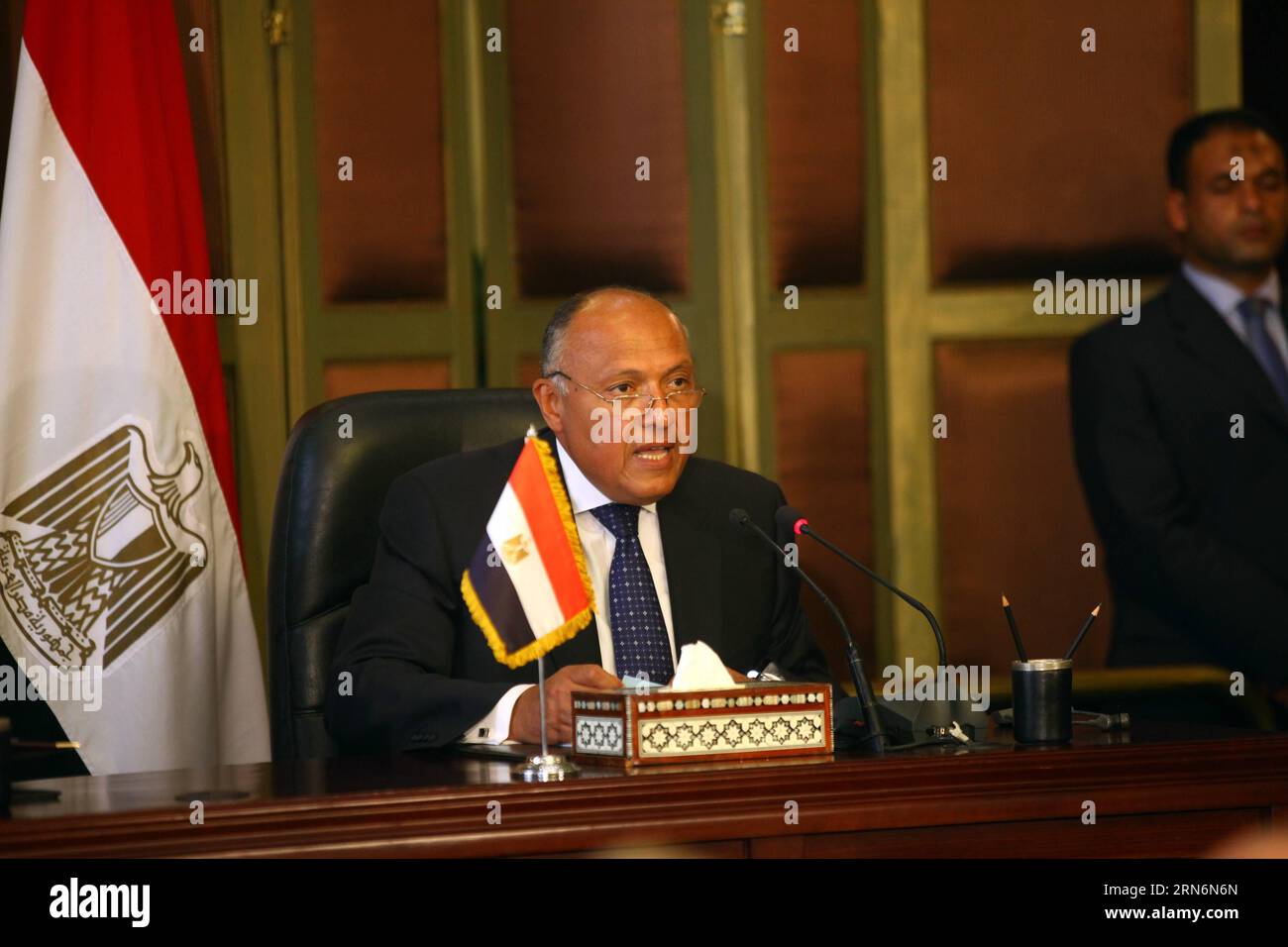 (150802) -- CAIRO, Aug. 2, 2015 -- Egyptian Foreign Minister Sameh Shukry speaks during a press conference in Cairo, Egypt, on August 2, 2015. U.S. Secretary of State John Kerry paid a two-day visit on Saturday and Sunday in Egypt. ) (zjy) EGYPT-CAIRO-US-DIPLOMACY AhmedxGomaa PUBLICATIONxNOTxINxCHN   150802 Cairo Aug 2 2015 Egyptian Foreign Ministers Sameh Shukry Speaks during a Press Conference in Cairo Egypt ON August 2 2015 U S Secretary of State John Kerry paid a Two Day Visit ON Saturday and Sunday in Egypt zjy Egypt Cairo U.S. Diplomacy AhmedxGomaa PUBLICATIONxNOTxINxCHN Stock Photo