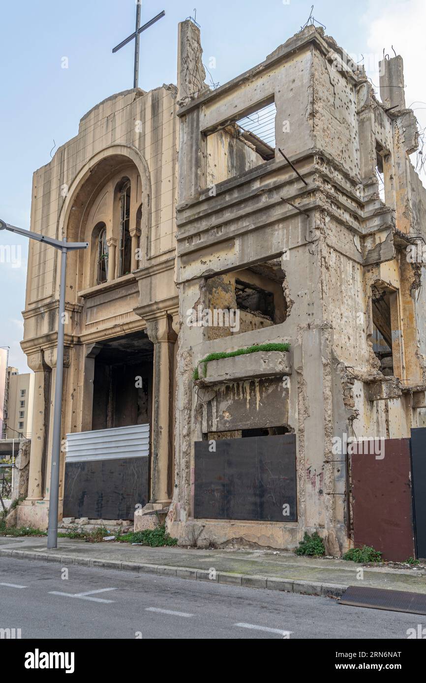 The bombed-out shell of St. Vincent de Paul church, Beirut, Lebanon Stock Photo