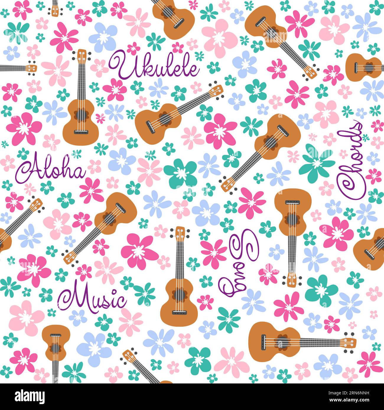 Ukulele seamless pattern, ukulele. Pattern with monstera, leaves, flowers notes inscriptions Stock Vector