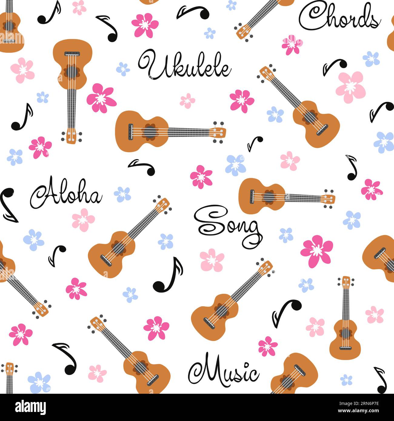 Ukulele seamless pattern, ukulele. Pattern with monstera, leaves, flowers notes inscriptions Stock Vector