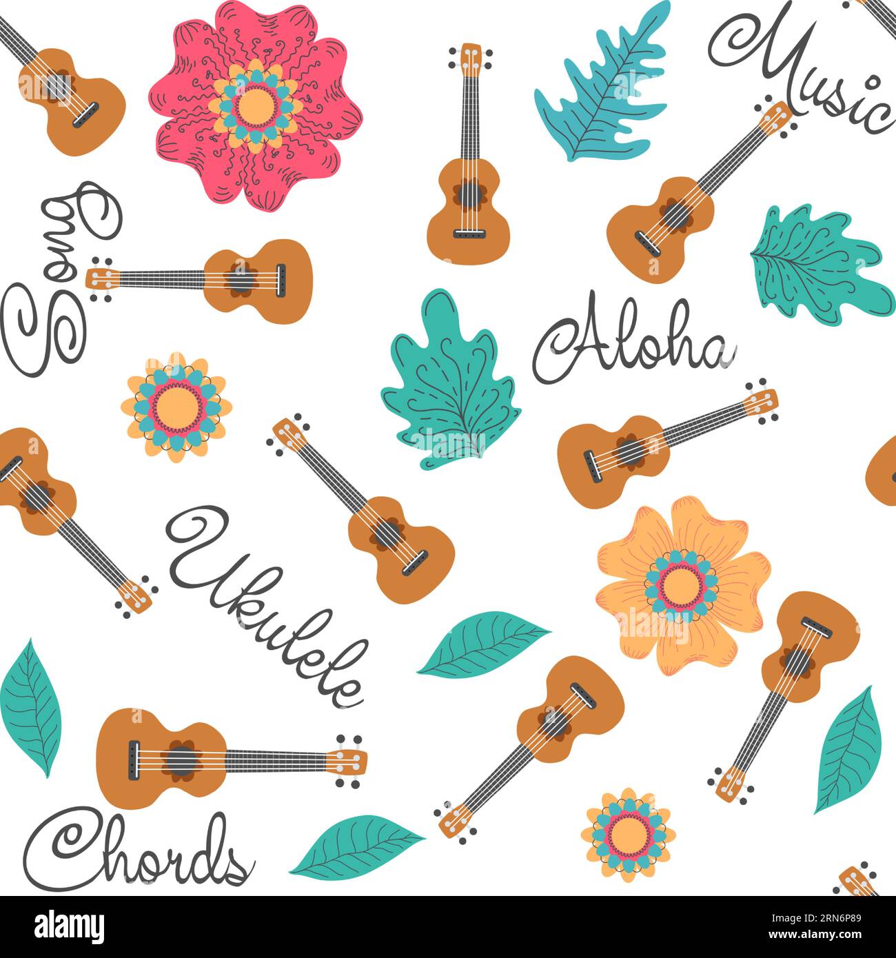 Ukulele seamless pattern, ukulele. Pattern with monstera, leaves, flowers notes inscriptions Stock Vector