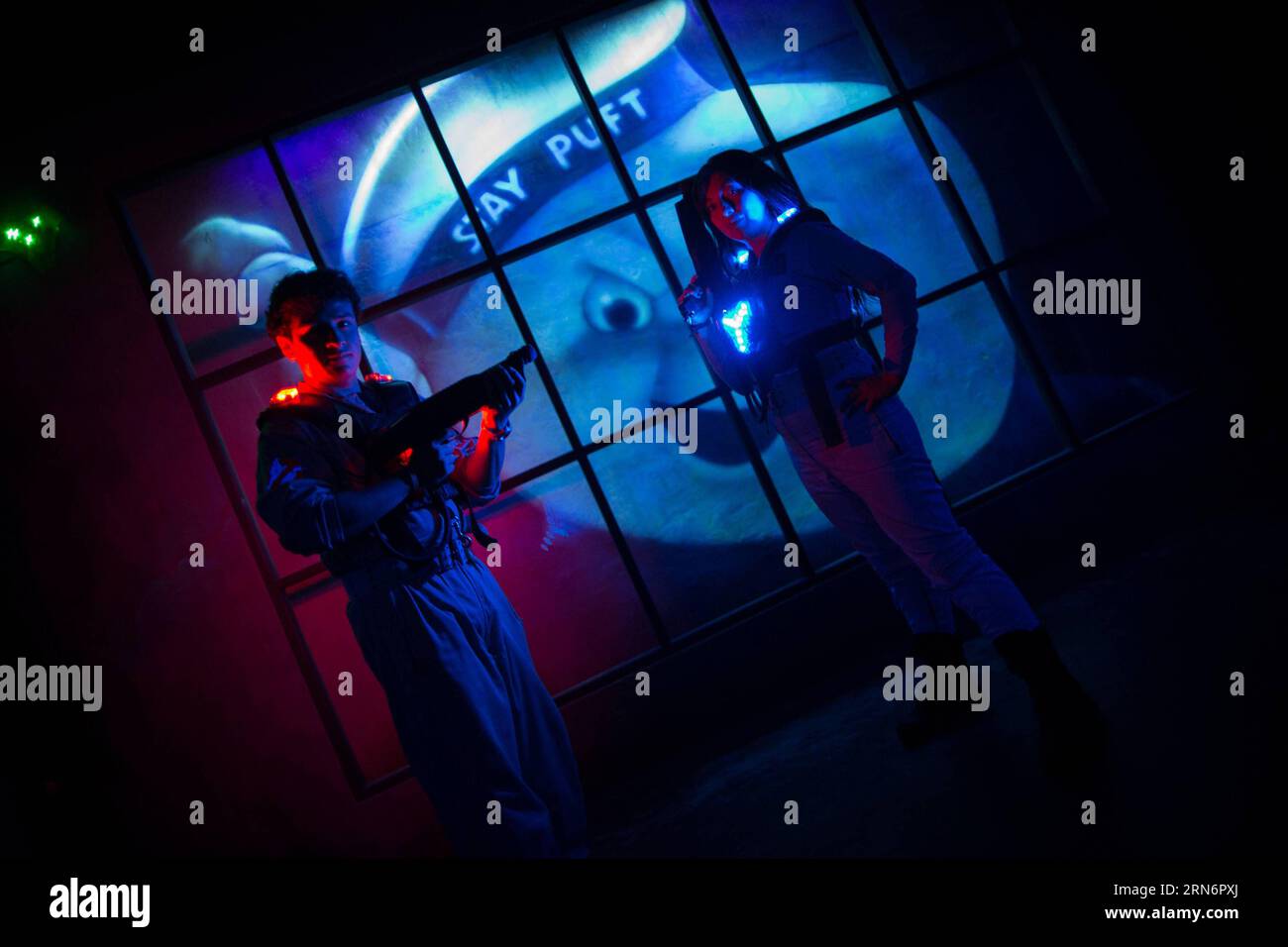 Employees work in the Ghostbusters attraction, in the Six Flags 