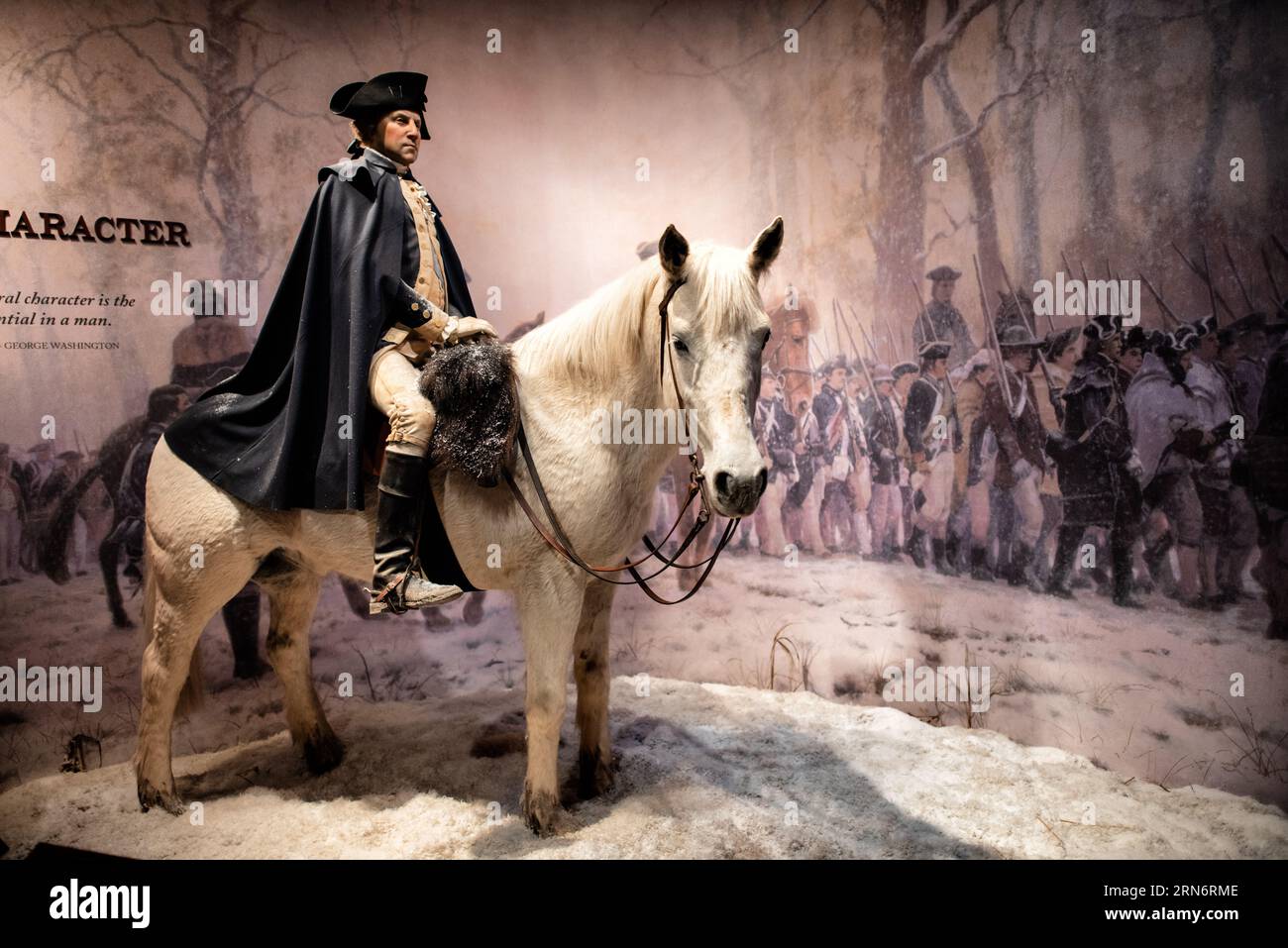 MT VERNON, Alexandria, VA — Musuem exhibit at Mt. Vernon depicting General George Washington's leadership during the Revolutionary War. The historic home of George Washington, the first President of the United States, stands preserved in Alexandria. This iconic estate showcases the life and legacy of Washington and remains an enduring symbol of early American leadership and heritage. Stock Photo