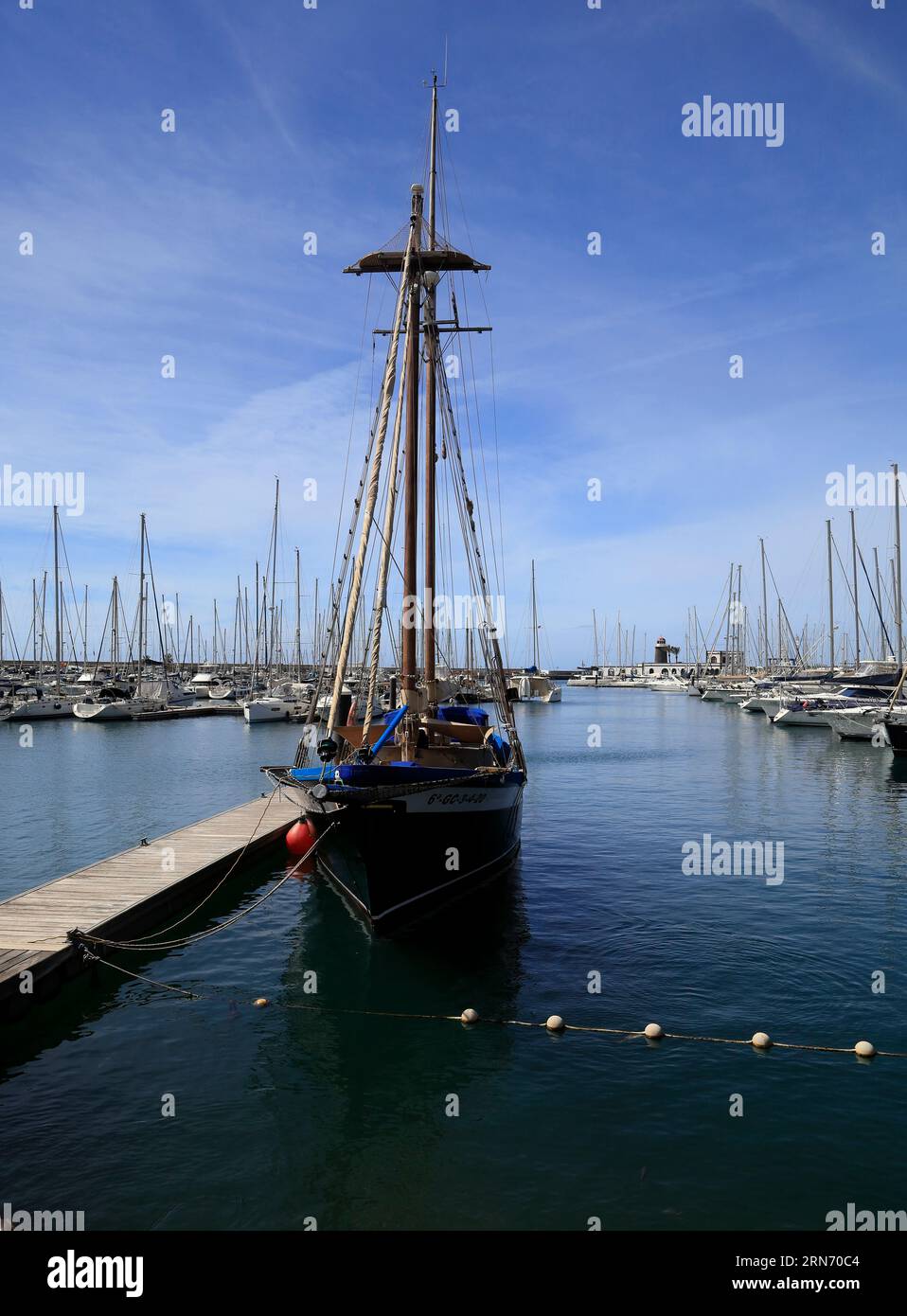 Tall masted wooden sailing ship moored at Marina Rubicon,Playa Blanca
