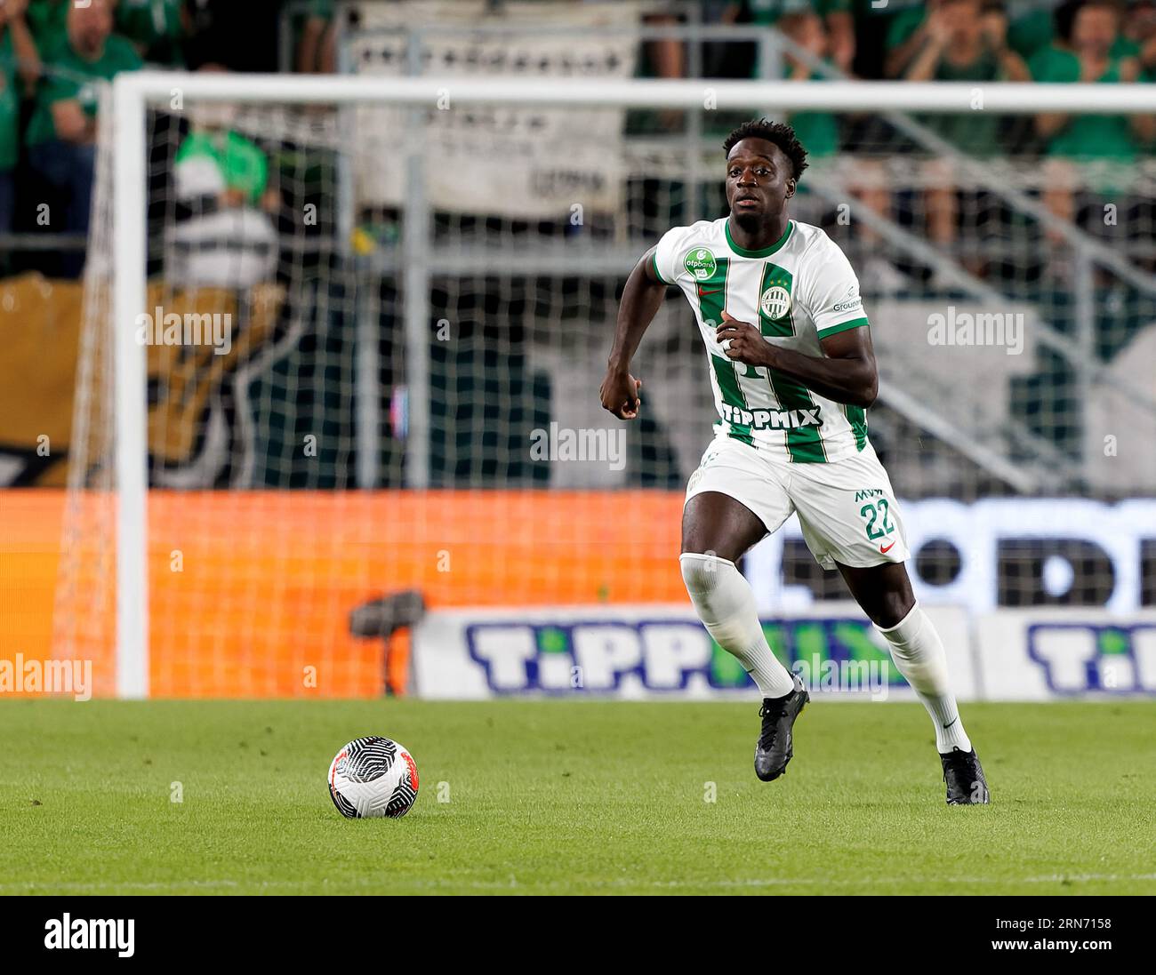 Budapest, Hungary. 31st August, 2023. Adama Traore of Ferencvarosi TC  controls the ball during the UEFA Europa Conference League Play Off Round  Second Leg match between Ferencvarosi TC and FK Zalgiris Vilnius