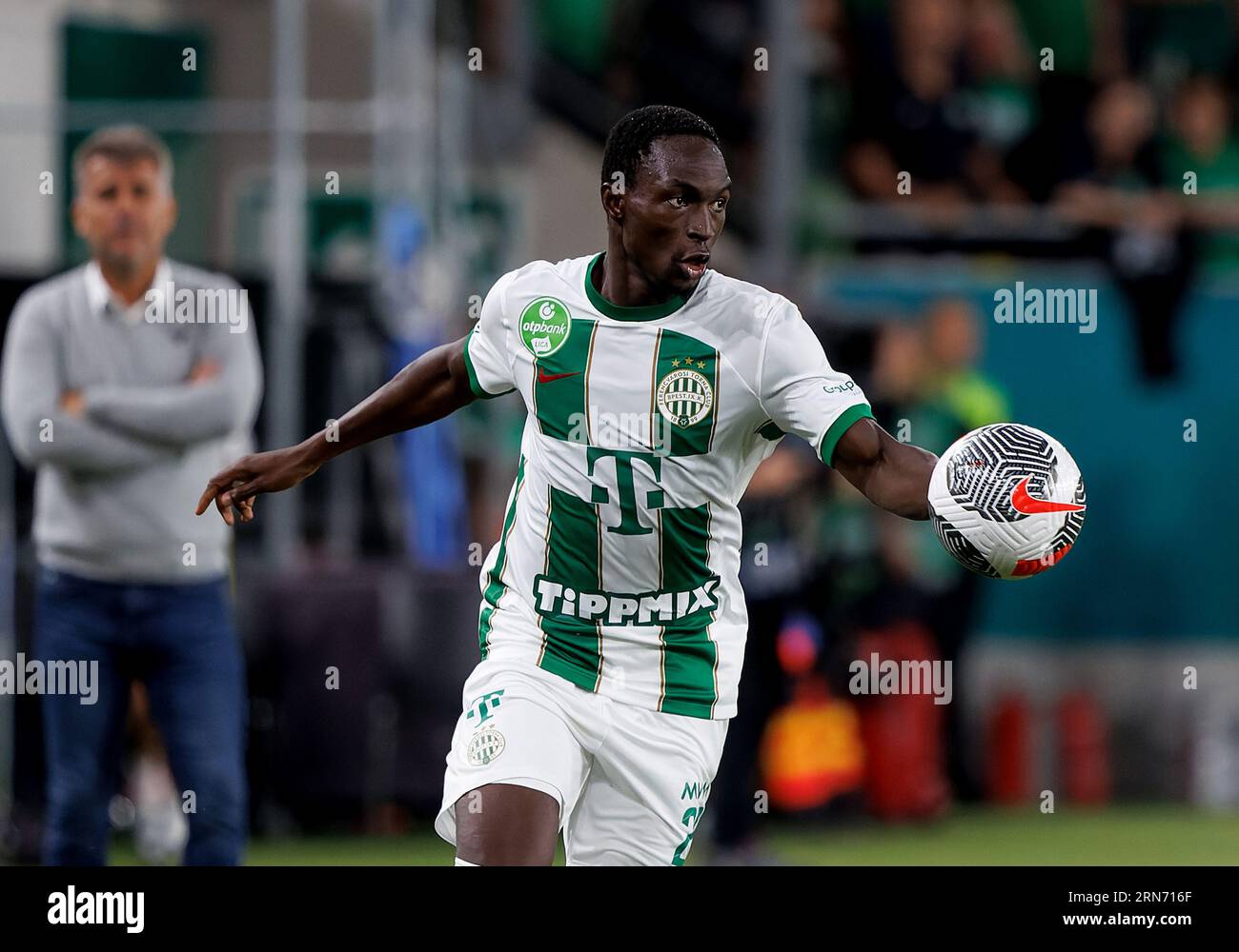 Budapest, Hungary. 31st August, 2023. Adama Traore of Ferencvarosi TC  controls the ball during the UEFA Europa Conference League Play Off Round  Second Leg match between Ferencvarosi TC and FK Zalgiris Vilnius