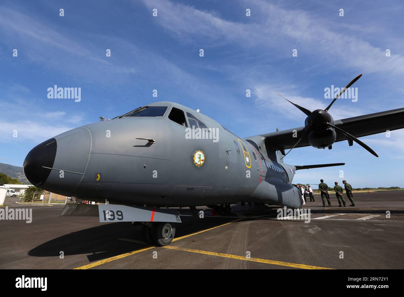 (150814) -- LA REUNION, Aug. 14, 2015 -- A CASA search plane taking part in the searching mission is seen at an airport in Saint Denis, La Reunion, Aug. 14, 2015. The administrator of Reunion Island Dominique Sorain told the media on Friday the active search for more MH370 debris will continue until Monday. No debris related to the plane has been found in the sea during the 35 hours of a combined search by a CASA search plane of French army and three helicopters, he said. ) (djj) LA REUNION-MH370 DEBRIS-SEARCH PanxSiwei PUBLICATIONxNOTxINxCHN   150814 La Reunion Aug 14 2015 a Casa Search Plane Stock Photo