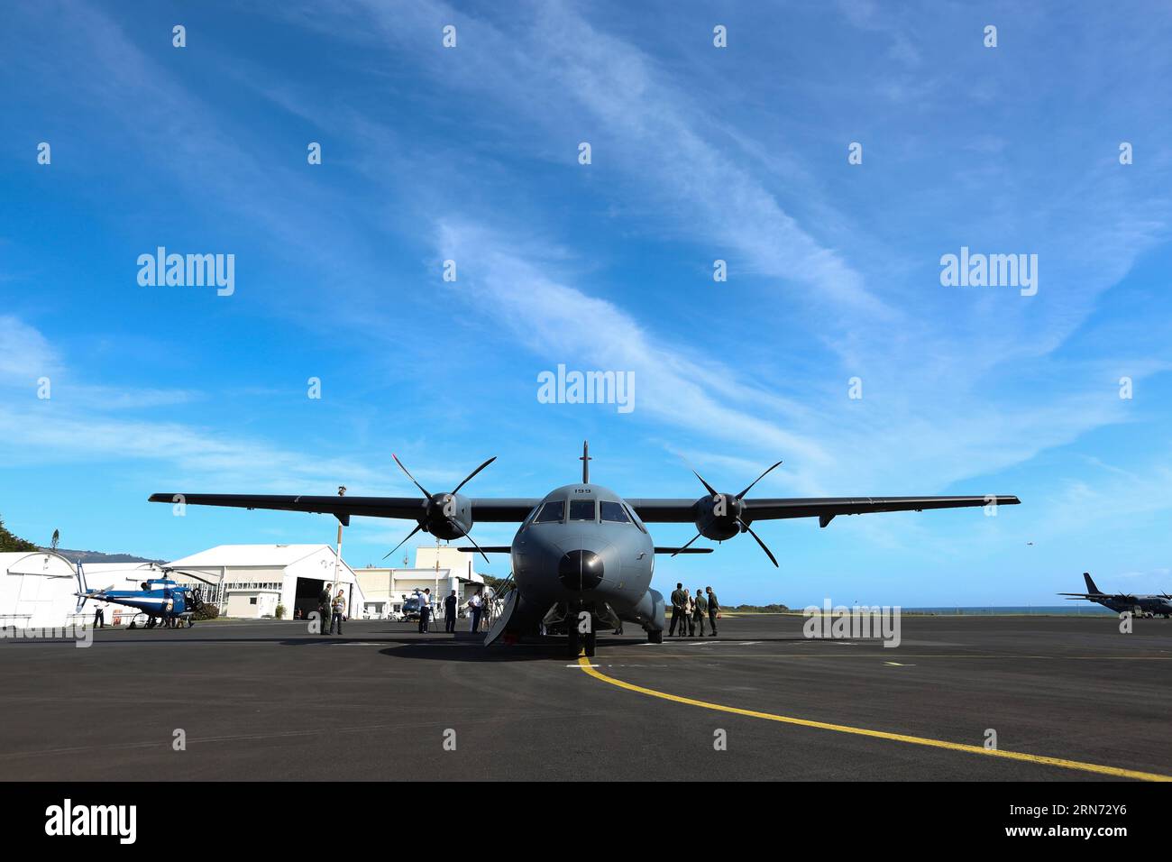 (150814) -- LA REUNION, Aug. 14, 2015 -- A CASA search plane taking part in the searching mission is seen at an airport in Saint Denis, La Reunion, Aug. 14, 2015. The administrator of Reunion Island Dominique Sorain told the media on Friday the active search for more MH370 debris will continue until Monday. No debris related to the plane has been found in the sea during the 35 hours of a combined search by a CASA search plane of French army and three helicopters, he said. ) (djj) LA REUNION-MH370 DEBRIS-SEARCH PanxSiwei PUBLICATIONxNOTxINxCHN   150814 La Reunion Aug 14 2015 a Casa Search Plane Stock Photo