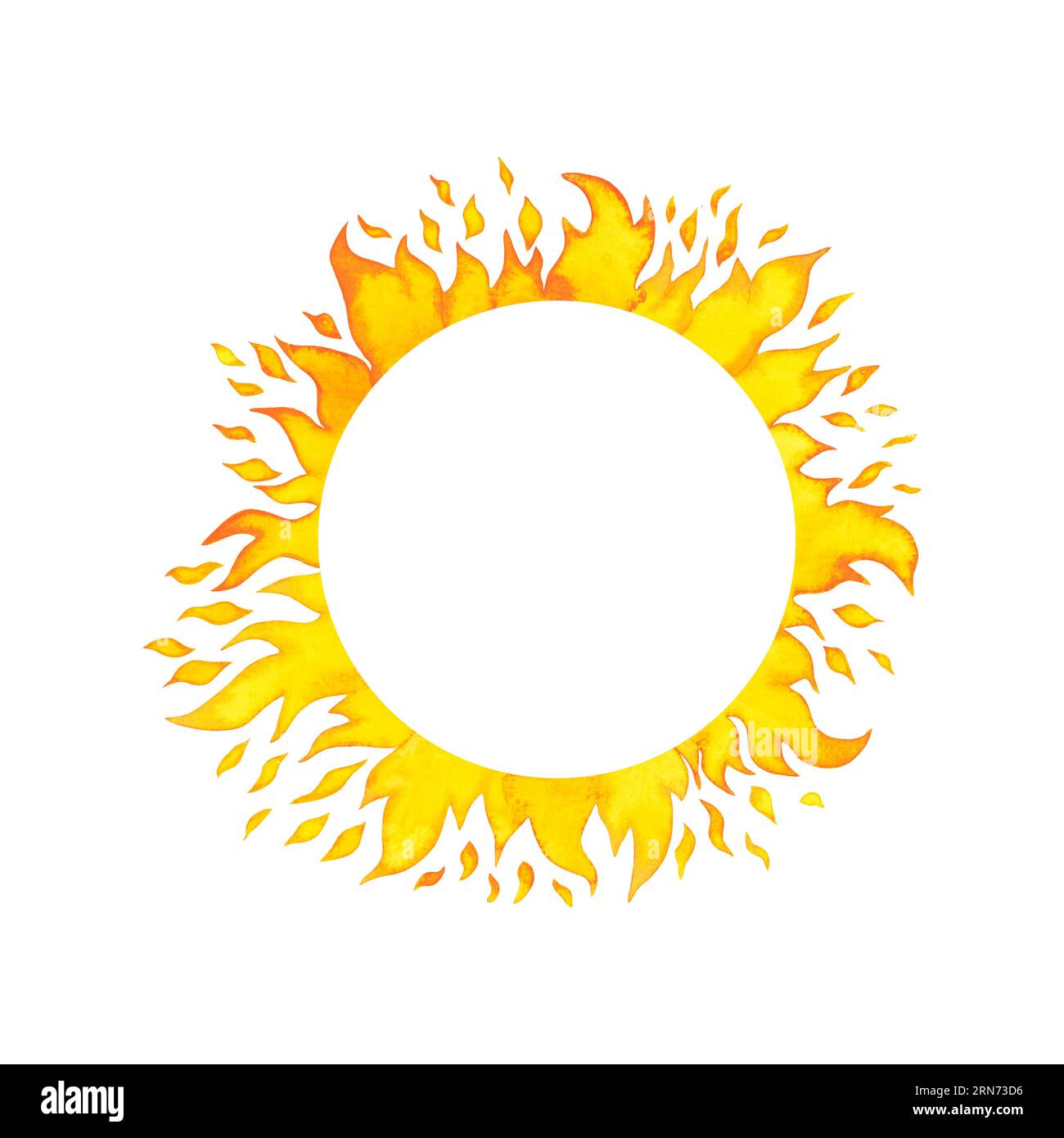 Yellow and orange bright Sun rays frame watercolour illustration hand ...