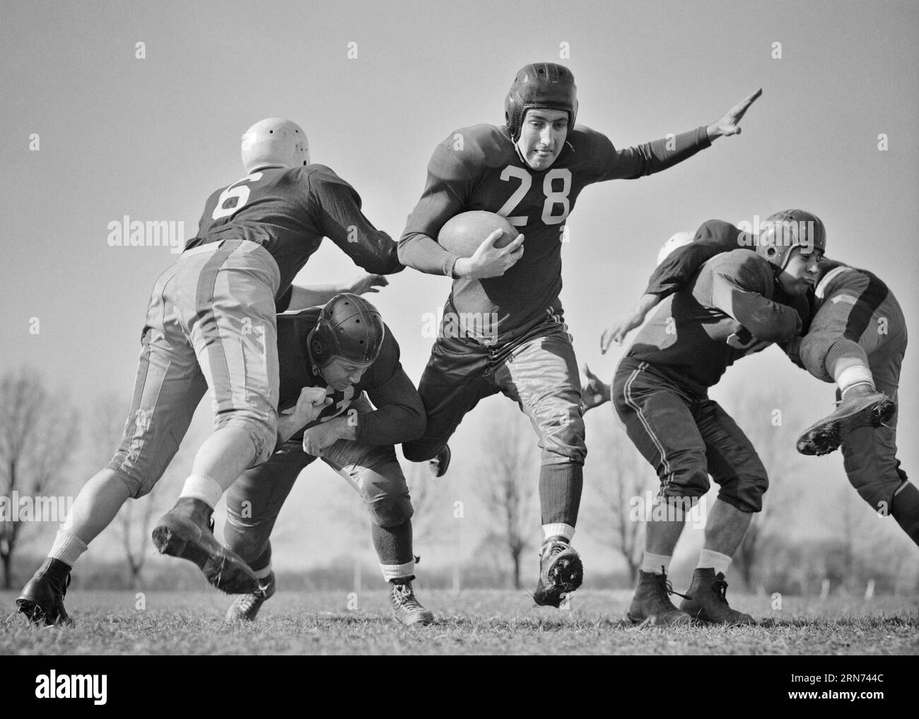 1940s FIVE 5 FOOTBALL PLAYERS ON FIELD A PLAYER CARRYING THE BALL GETTING THROUGH FREE AND CLEAR BETWEEN TACKLERS BEING BLOCKED - f2486 HAR001 HARS GET PLAYERS B&W GOALS ADVENTURE PROTECTION STRATEGY UNIVERSITIES AND EXCITEMENT LOW ANGLE RECREATION DIRECTION A ON OPPORTUNITY THE BETWEEN FREE UNIFORMS MADE BLOCKED CONCEPTUAL ATHLETES ESCAPE SUPPORT COLLEGES TACKLES CLEAR COLLEGIATE COOPERATION FOOTBALLS TEAMS YOUNG ADULT MAN AMERICAN FOOTBALL BLACK AND WHITE HAR001 OLD FASHIONED Stock Photo