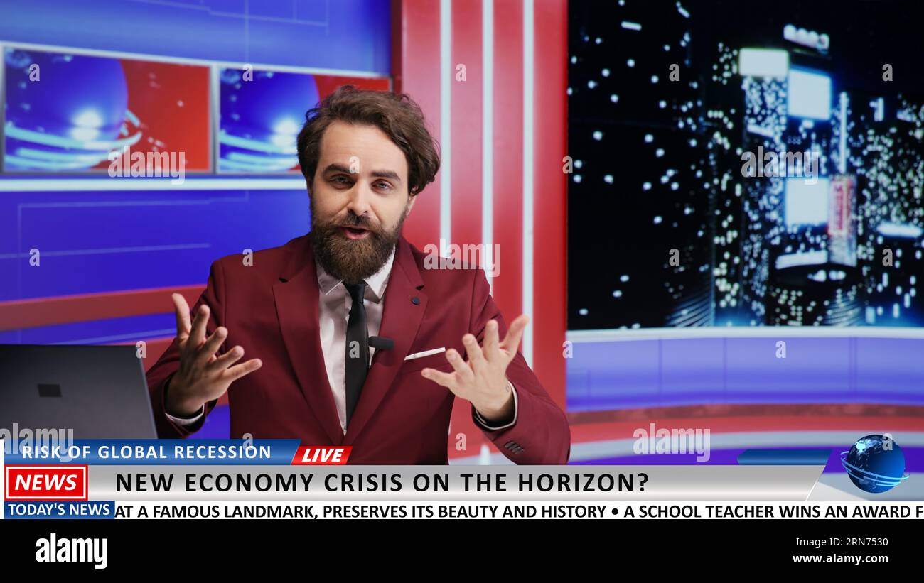Late night talk show presenter creating content for live television program, discussing about world problems like ecomony crisis for broadcasting network. News journalist reading headlines. Stock Photo