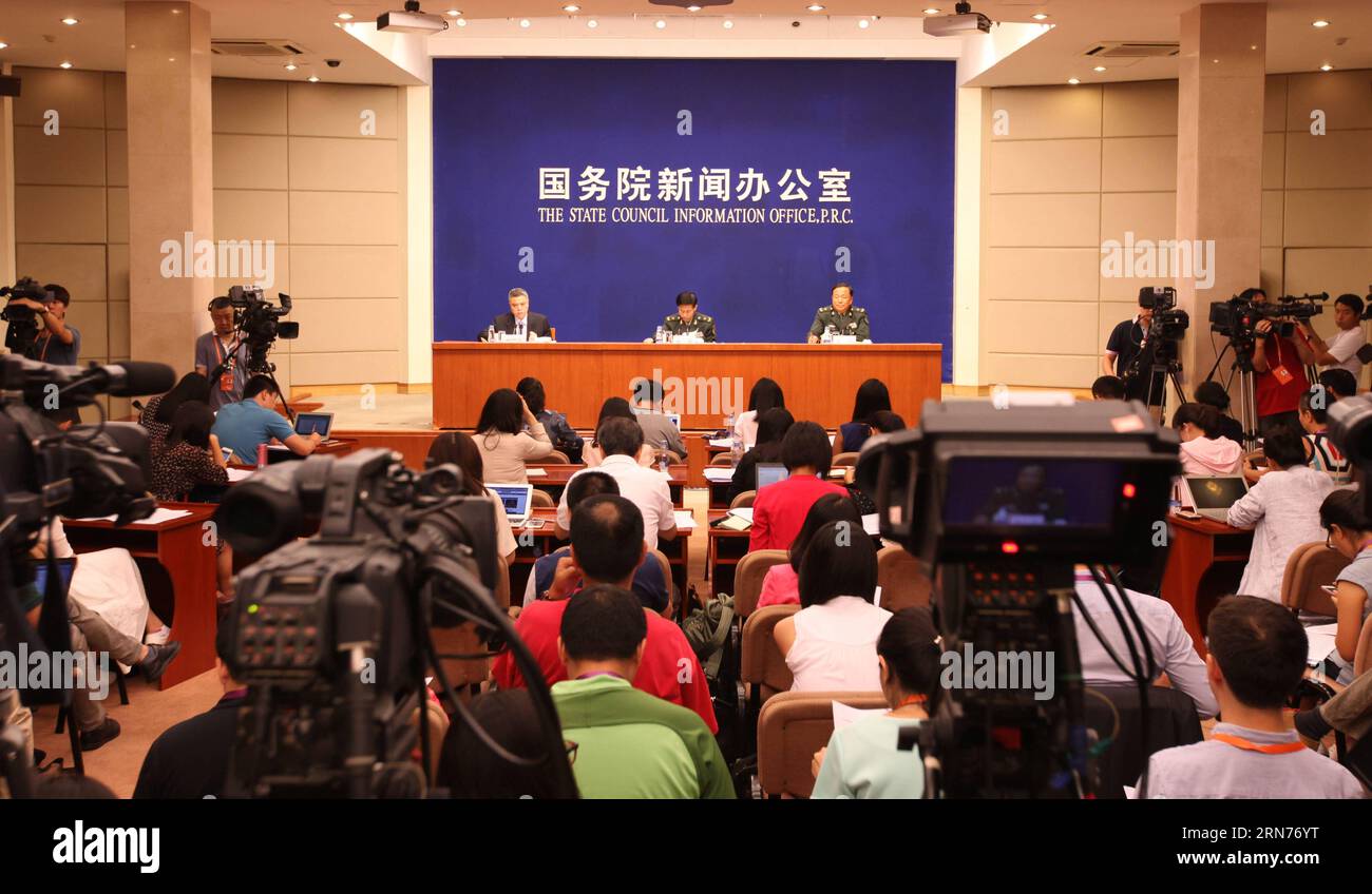 (150821) -- BEIJING, Aug. 21, 2015 -- A press conference on China s military parade scheduled for Sept. 3 in Beijing to mark the 70th anniversary of China s victory in war against Japan aggression, is held in Beijing, capital of China, Aug. 21, 2015. About 84 percent of armaments to be displayed in the Sept. 3 military parade have never been viewed by the public, said a senior military officer on Friday. )(mcg) CHINA-BEIJING-V-DAY PARADE-PRESS CONFERENCE (CN) WangxHaobo PUBLICATIONxNOTxINxCHN   150821 Beijing Aug 21 2015 a Press Conference ON China S Military Parade scheduled for Sept 3 in Bei Stock Photo