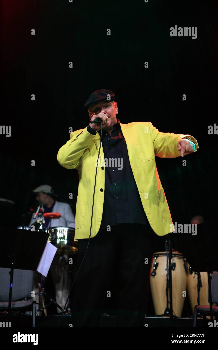 (150821) -- WIESBADEN, Aug. 21, 2015 -- Lead singer Luis Frank of Soneros De Verdad performs during Cuban Night during the Rheingao Music Festival at the Cultural Center Schlachthof, Wiesbaden, Germany, on Aug. 21, 2015. The Rheingao Music Festival runs from June 27 to Sept. 12. ) GERMANY-WIESBADEN-RHEINGAO MUSIC FESTIVAL LuoxHuanhuan PUBLICATIONxNOTxINxCHN   150821 Wiesbaden Aug 21 2015 Lead Singer Luis Frank of  de Verdad performs during Cuban Night during The Rheingao Music Festival AT The Cultural Center Slaughterhouse Wiesbaden Germany ON Aug 21 2015 The Rheingao Music Festival runs from Stock Photo