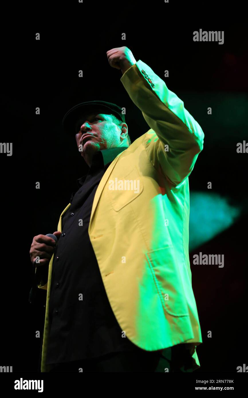 (150821) -- WIESBADEN, Aug. 21, 2015 -- Lead singer Luis Frank of Soneros De Verdad performs during Cuban Night during the Rheingao Music Festival at the Cultural Center Schlachthof, Wiesbaden, Germany, on Aug. 21, 2015. The Rheingao Music Festival runs from June 27 to Sept. 12. ) GERMANY-WIESBADEN-RHEINGAO MUSIC FESTIVAL LuoxHuanhuan PUBLICATIONxNOTxINxCHN   150821 Wiesbaden Aug 21 2015 Lead Singer Luis Frank of  de Verdad performs during Cuban Night during The Rheingao Music Festival AT The Cultural Center Slaughterhouse Wiesbaden Germany ON Aug 21 2015 The Rheingao Music Festival runs from Stock Photo