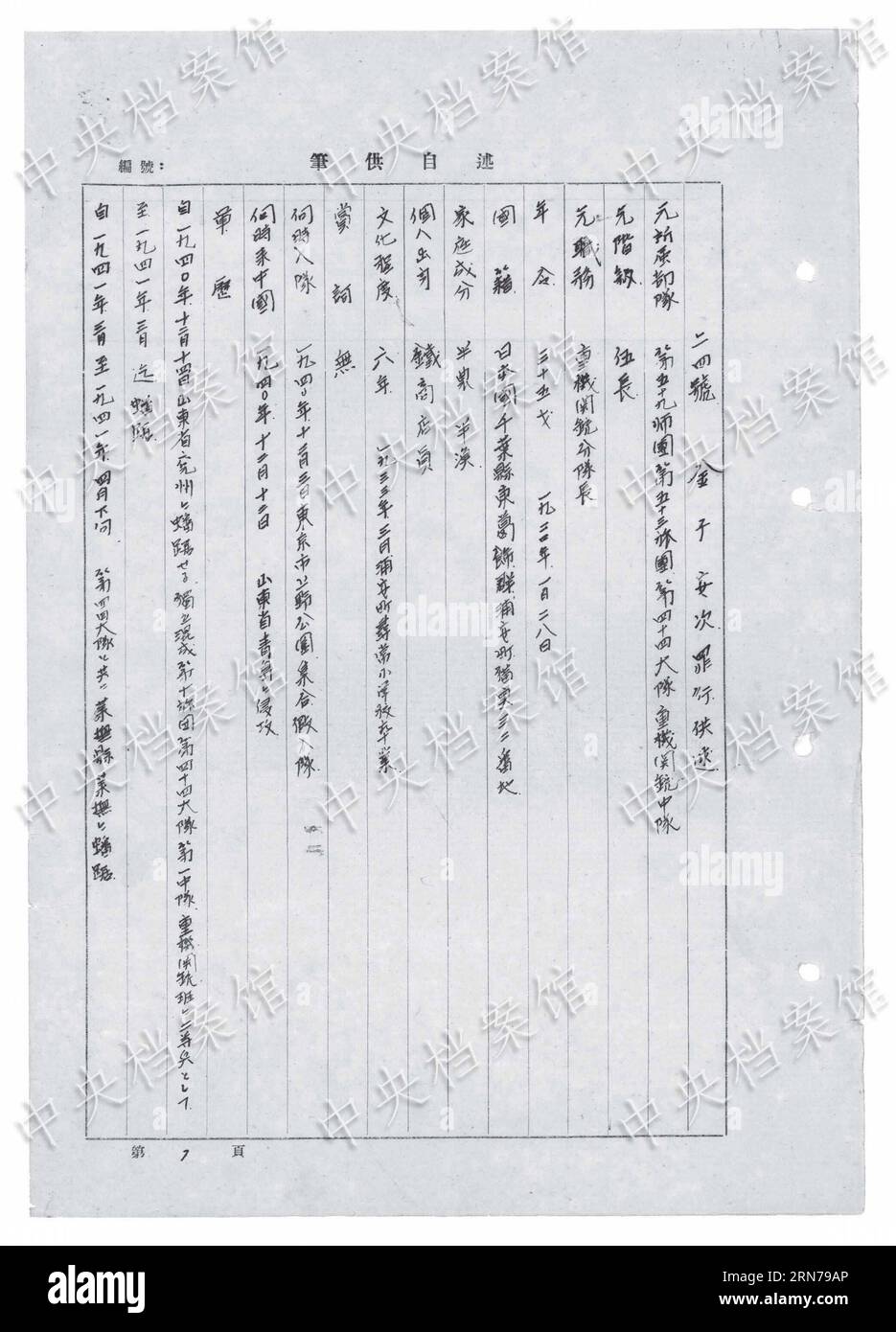 (150827) -- BEIJING, Aug. 27, 2015 () -- Photo released on Aug. 27, 2015 by the State Archives Administration of China on its website shows an excerpt from Japanese war criminal Yasuji Kaneko s handwritten confession. The seventeenth in a series of 31 handwritten confessions from Japanese war criminals published online, the confession features Yasuji Kaneko, who was born in 1920. He joined the Japanese War of Aggression against China in 1940, and was captured in August 1945. Kaneko and his companions arrested two Chinese peasants in Laiwu County of Shandong Province, tied their hands behind th Stock Photo