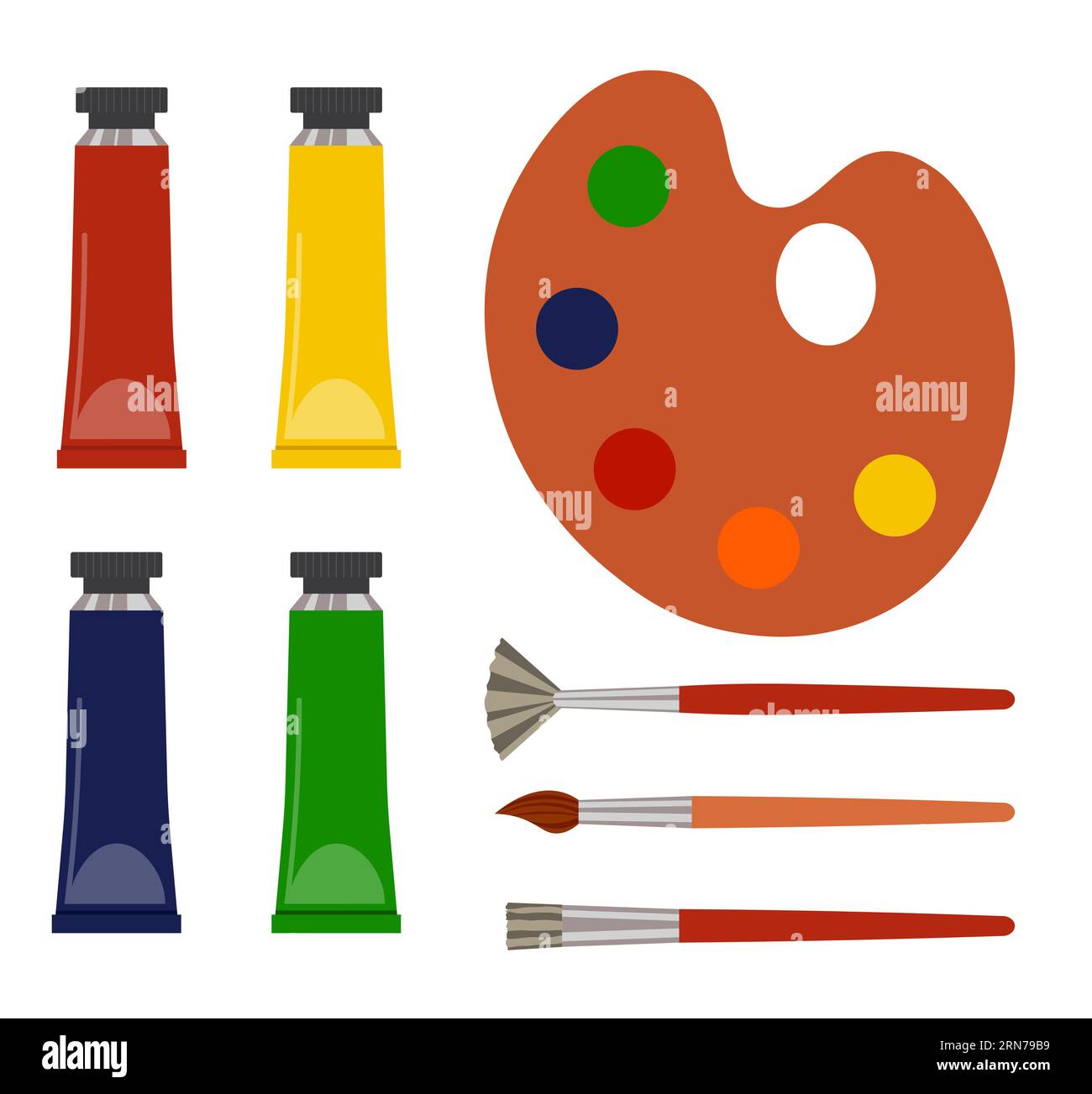 Set Of Brushes And Multicolored Tubes Of Paint. Artist Painting Tools