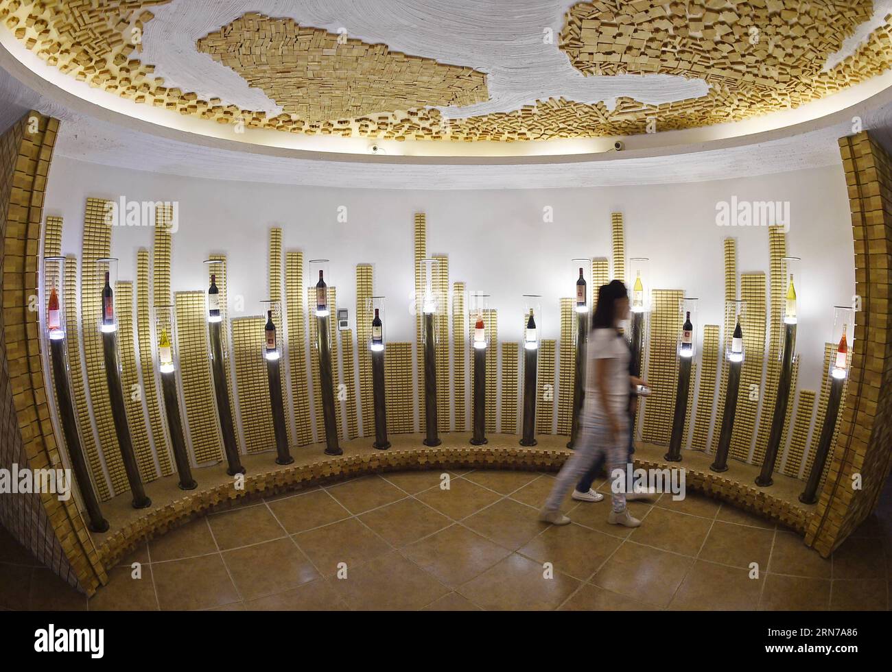A tourist visits an exhibition hall of a chateau at the eastern foot of Helan Mountain, northwest China s Ningxia Hui Autonomous Region, Aug. 28, 2015. Many chateaus at the eastern foot of Helan Mountain, a golden belt for planting grapes, developed their tourism by attracting tourists with chateau cultures. Ningxia region, which has 590,000 mu (39,333 hectares) of vineyards, has planned to build 10 vineyard towns and more than 100 large-scale chateaus by 2020. ) (lfj) CHINA-NINGXIA-CHATEAU TOURISM (CN) WangxPeng PUBLICATIONxNOTxINxCHN   a Tourist visits to Exhibition Hall of a Chateau AT The Stock Photo