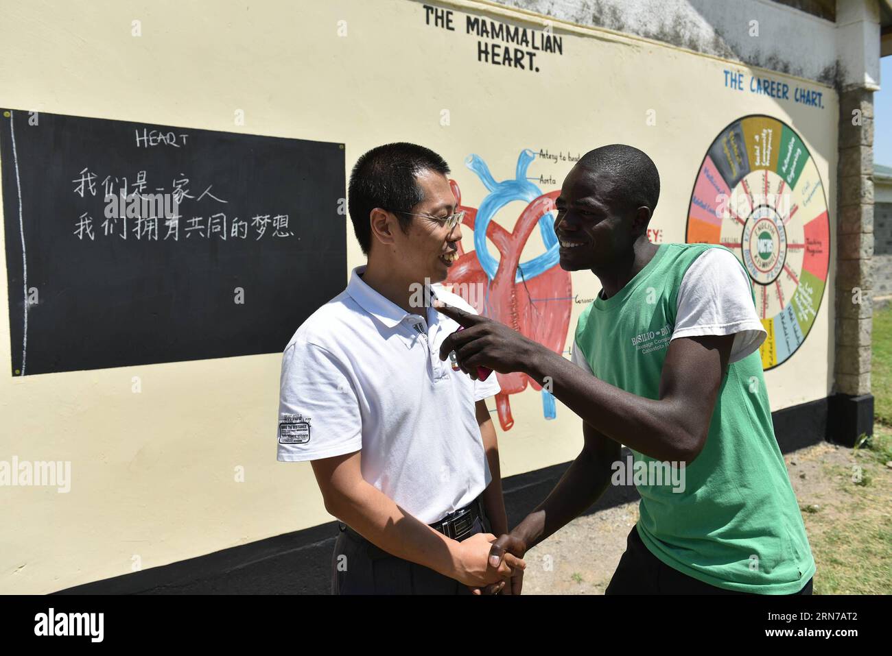 (150901)--KISUMU,  - Zhang Wenqiang (2nd L, front), a Chinese teacher who has been working in Kenya for 5 years, shakes hands with his Kenyan colleague Michael for farewell at Kibos Secondary School in Western Kenyan Kisumu County, on Aug. 27, 2015. Zhang came to Kenya in 2010 following an agreement between Kenya and Chinese governments to give Chinese language lessons in Kenyan schools, and has interacted with more than 10,000 students in Western Kenya. ) KENYA-KISUMU-CHINESE-TEACHER SunxRuibo PUBLICATIONxNOTxINxCHN   150901 Kisumu Zhang Wenqiang 2nd l Front a Chinese Teacher Who has been Wor Stock Photo